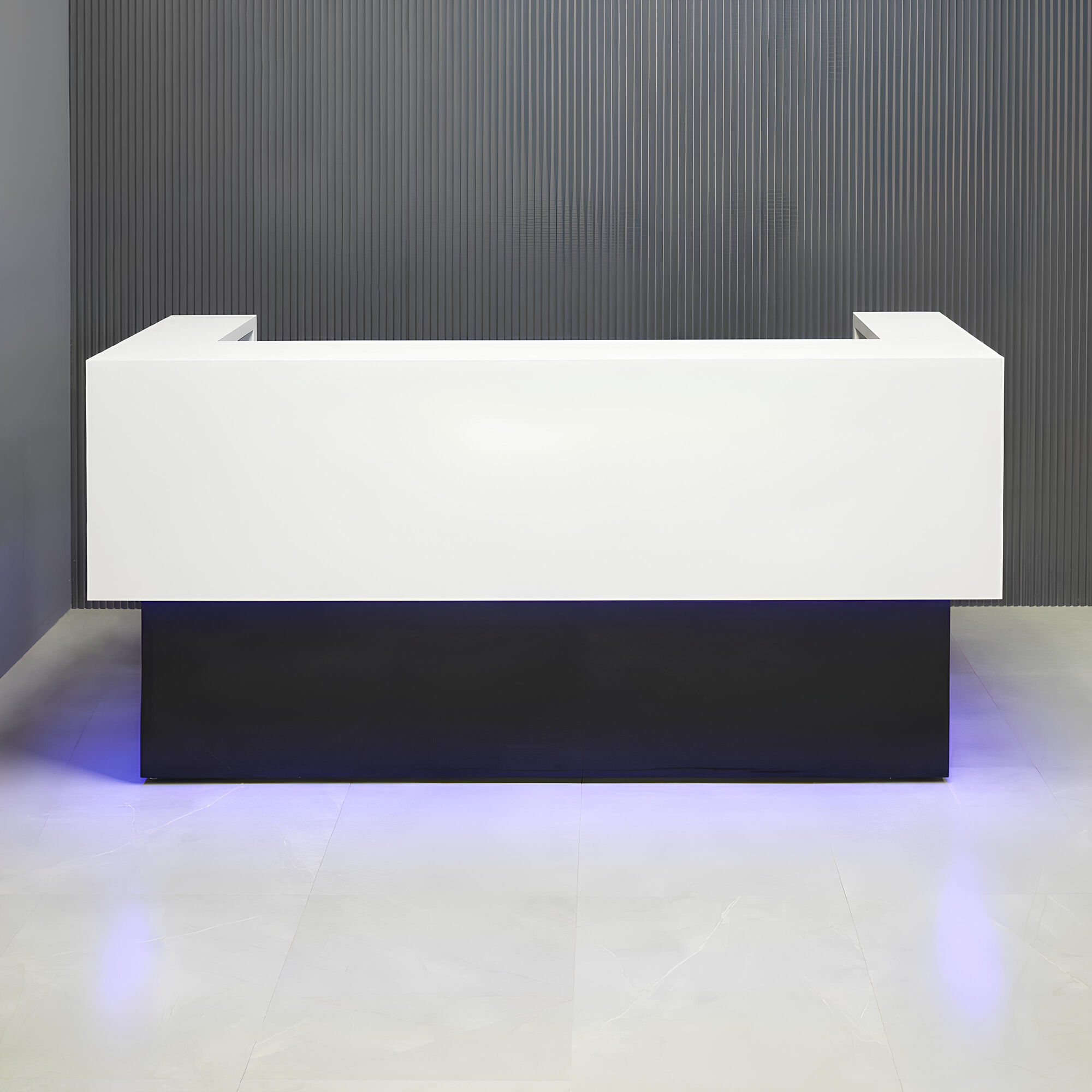 90-inch San Francisco U-Shape Custom Reception Desk in white gloss laminate counter and black gloss desk, with color LED, shown here.