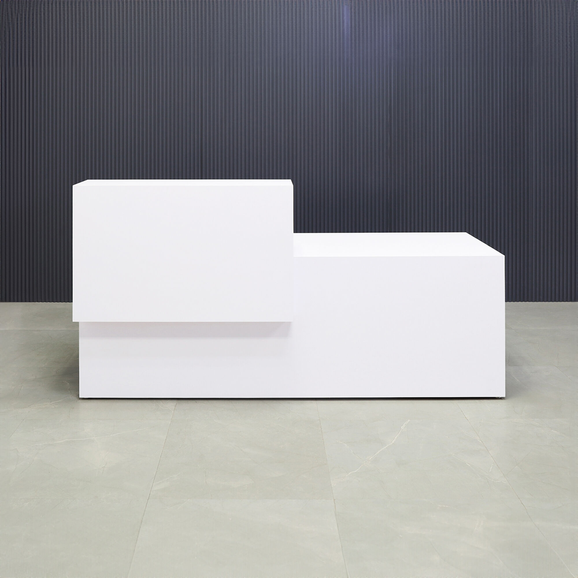 90-inch Los Angeles Custom Reception Desk with the counter on the left side when facing front in white gloss laminate finish, shown here.
