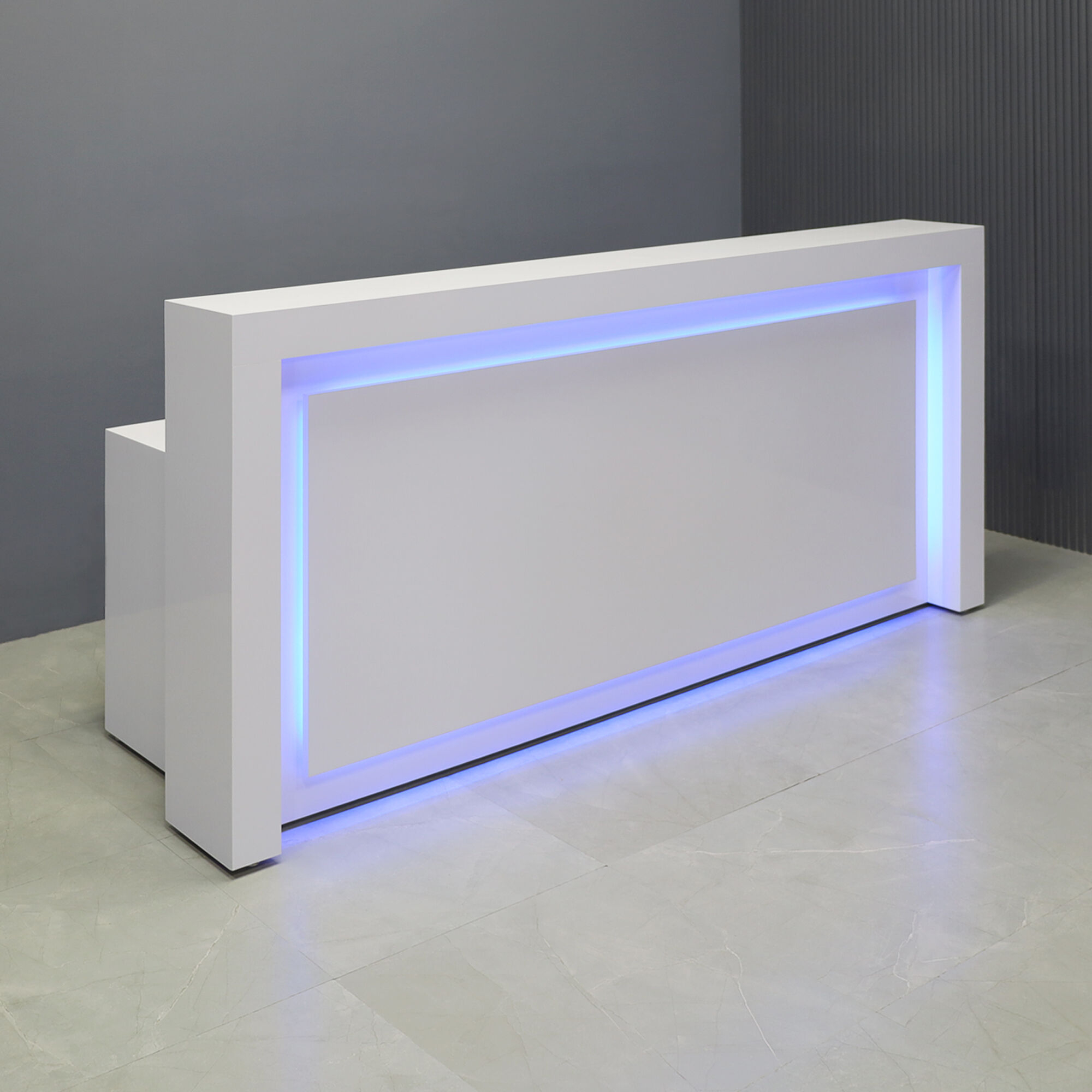 90-inch New York Straight Shape Custom Reception Desk in white gloss laminate main desk, front panel, and accent recessed, with multi-colored LED, shown here.