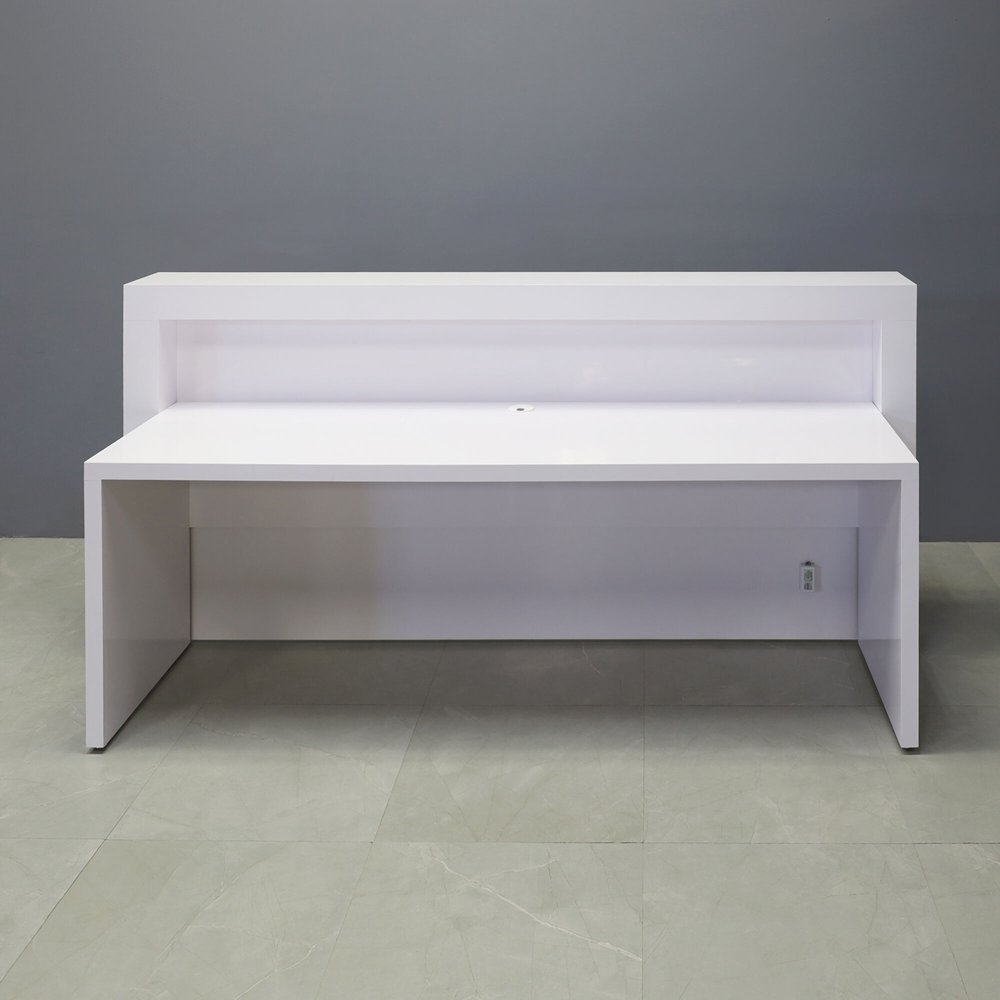 90-inch New York Straight Shape Custom Reception Desk in white gloss laminate main desk, front panel, and accent recessed, with multi-colored LED, shown here.