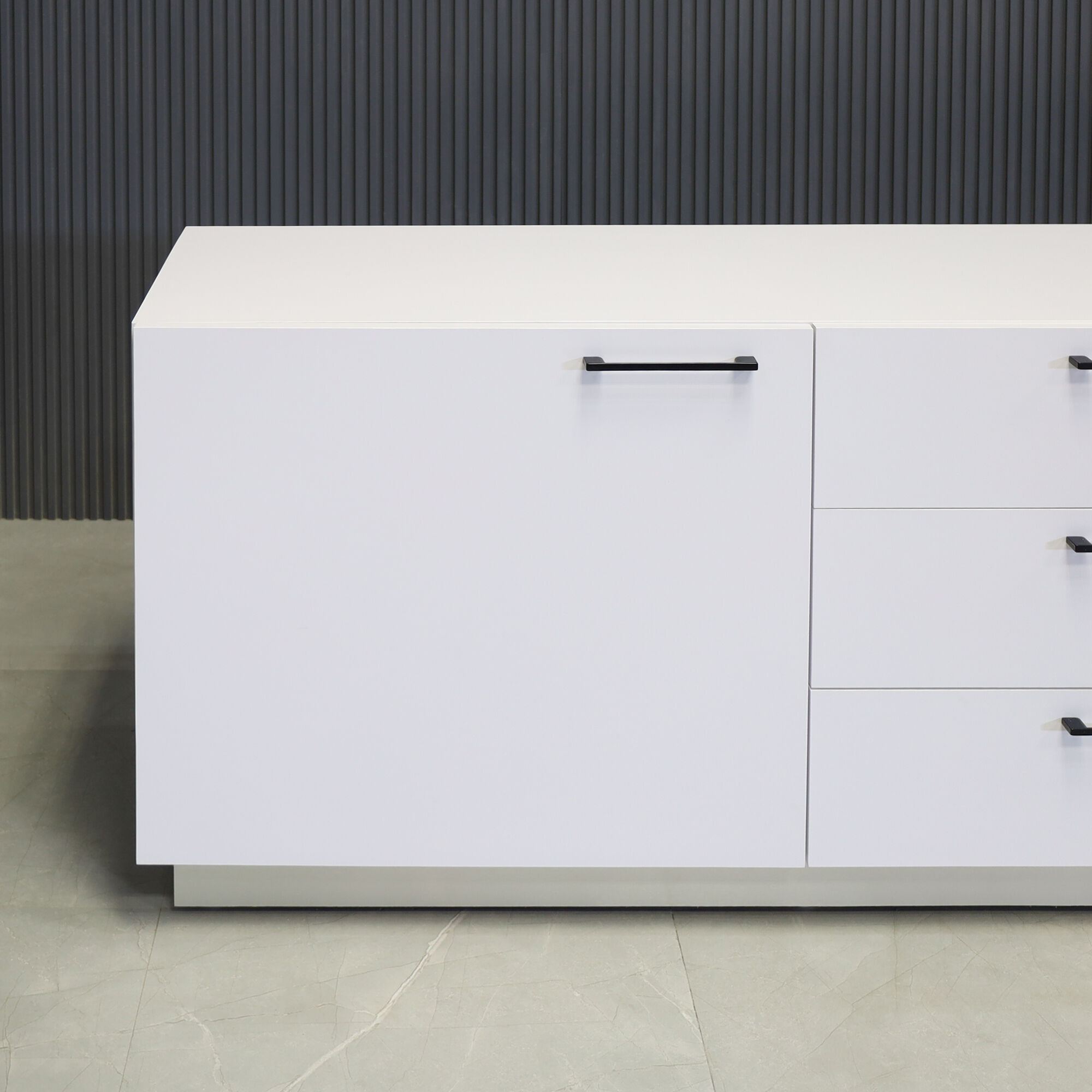 90-inch Manhattan Storage Credenza in white matte laminate credenza, front drawers & doors with 3 locks, and brushed aluminum toe-kick.