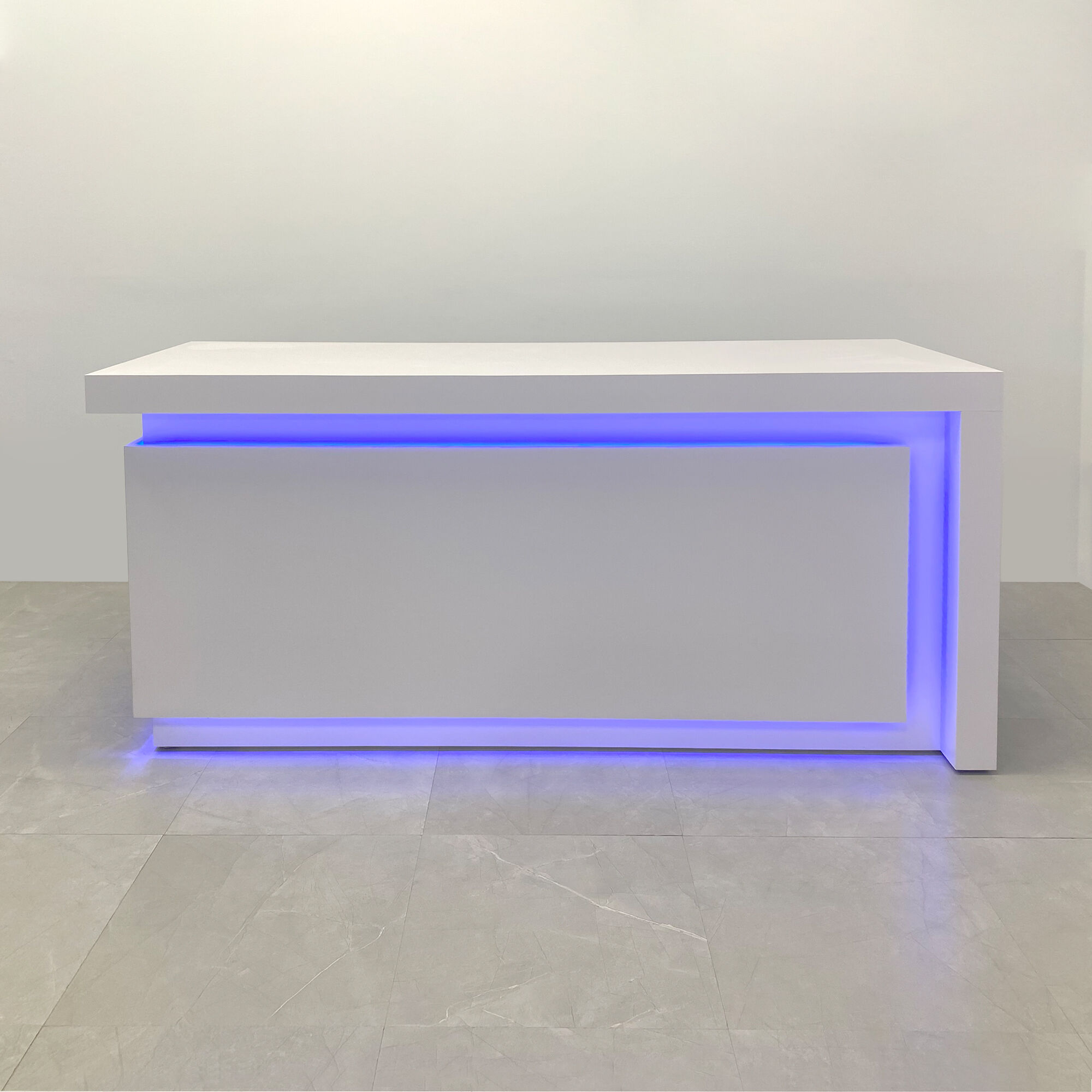 90-inch New York L-Shape Retail Custom Reception Desk in dover off-white matte laminate desk, and color changing LED.