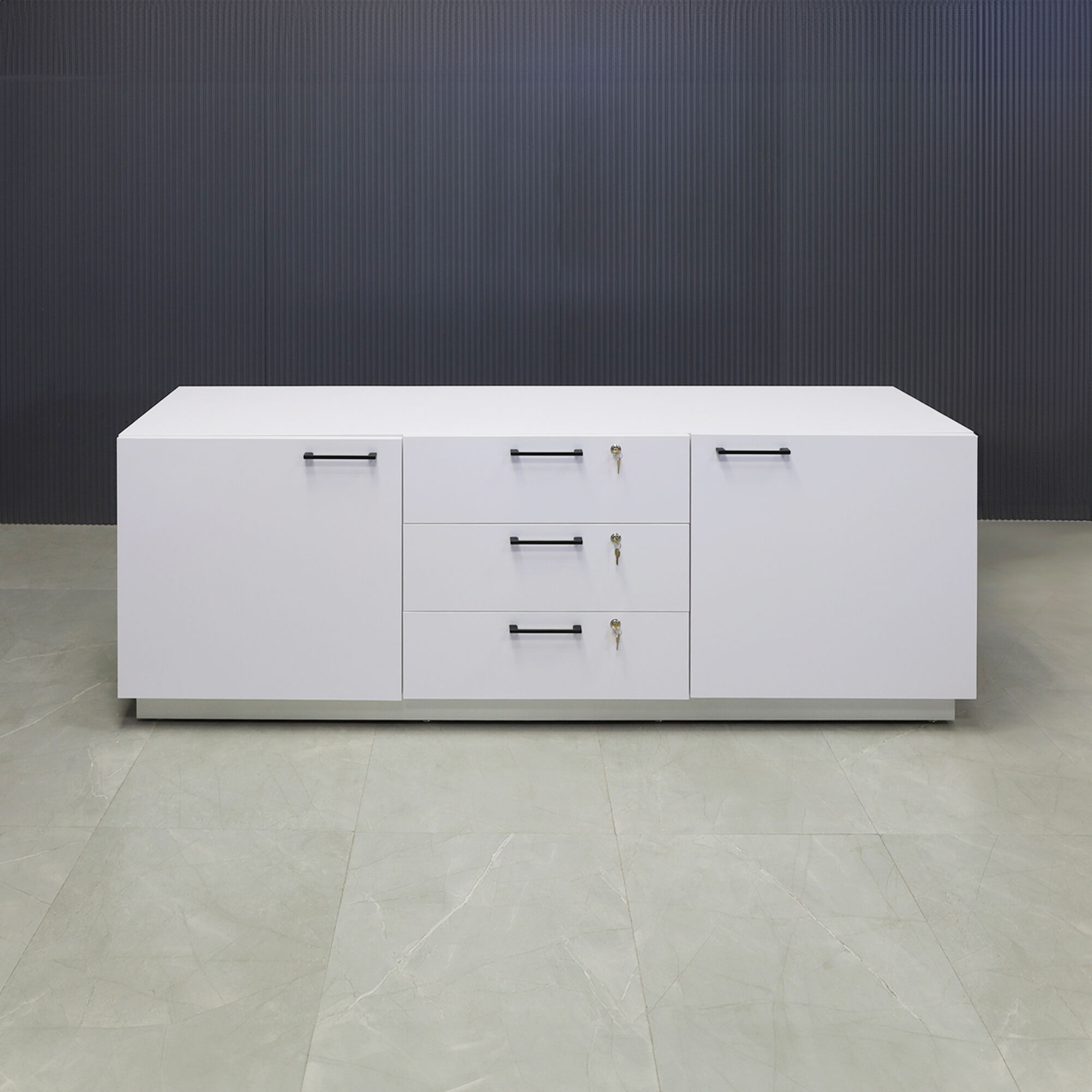 90-inch Manhattan Storage Credenza in white matte laminate credenza, front drawers & doors with 3 locks, and brushed aluminum toe-kick.