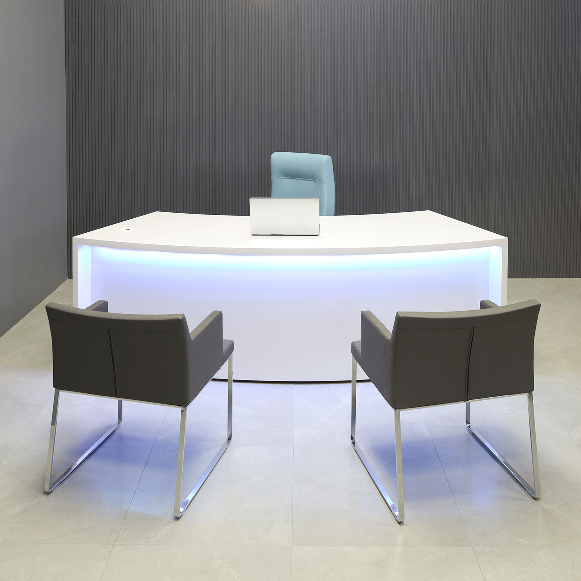90-inch Seattle Curved Executive Desk in white gloss laminate main desk & privacy panel, with color LED, shown here.