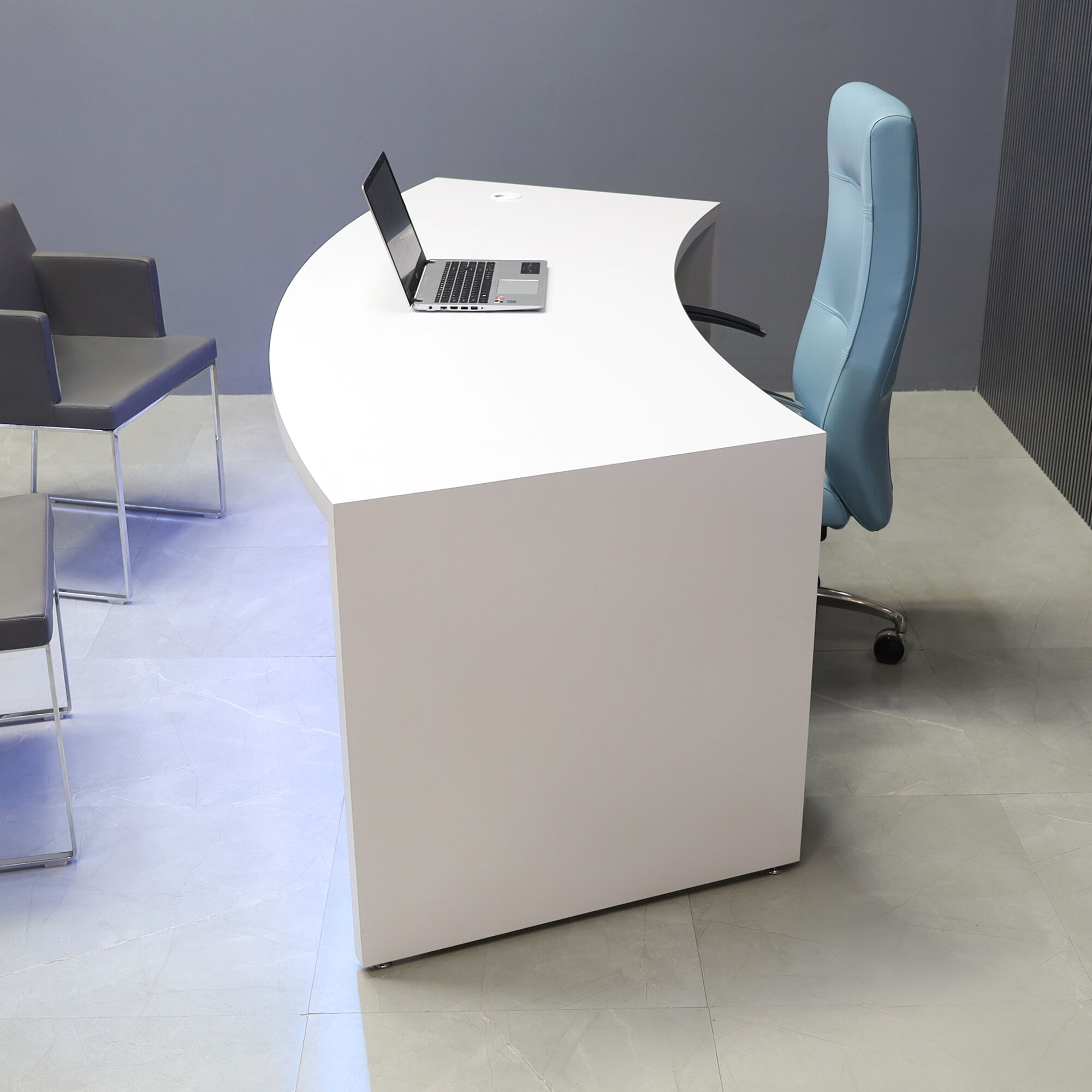 90-inch Seattle Curved Executive Desk in white gloss laminate main desk & privacy panel, with color LED, shown here.