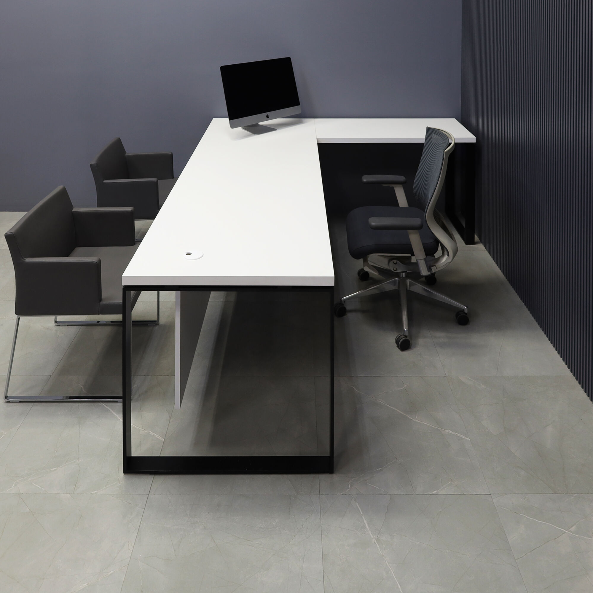 90-inch Aspen L-Shape Executive Desk With Laminate Top, right side return when sitting, in white matte laminate top & privacy panel, and black metal legs, shown here.
