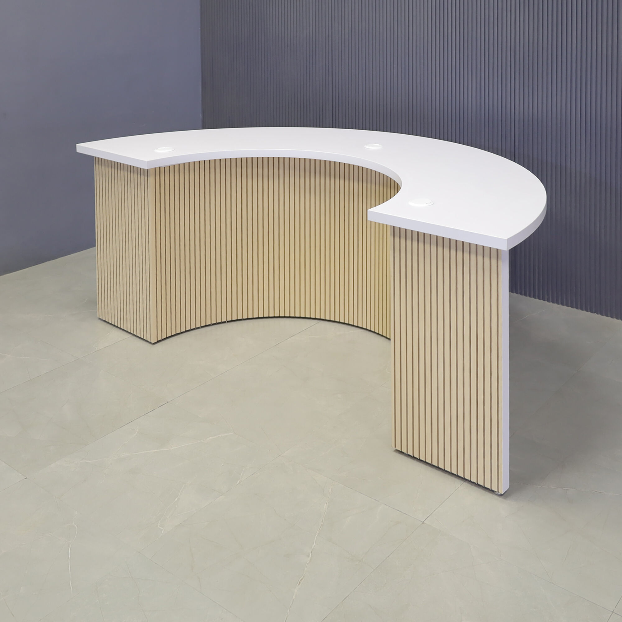 90-inch Handmade Custom Modern Podcast Table Half Moon in white matte laminate top & back base, and maple tambour front base.