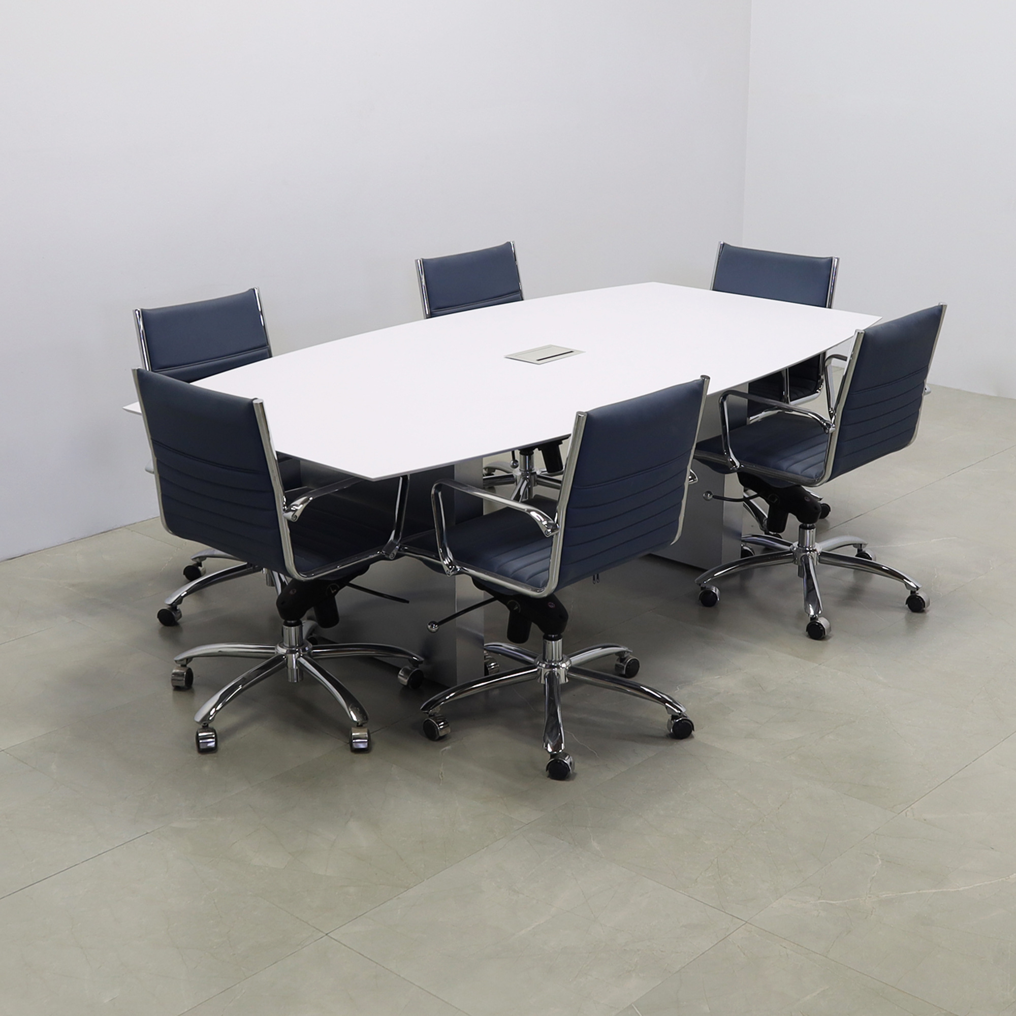 90-inch Aurora Boat Conference Table in 1/2-inch White solid engineered surface top, brushed aluminum laminate standard base, and silver MX3 power box.
