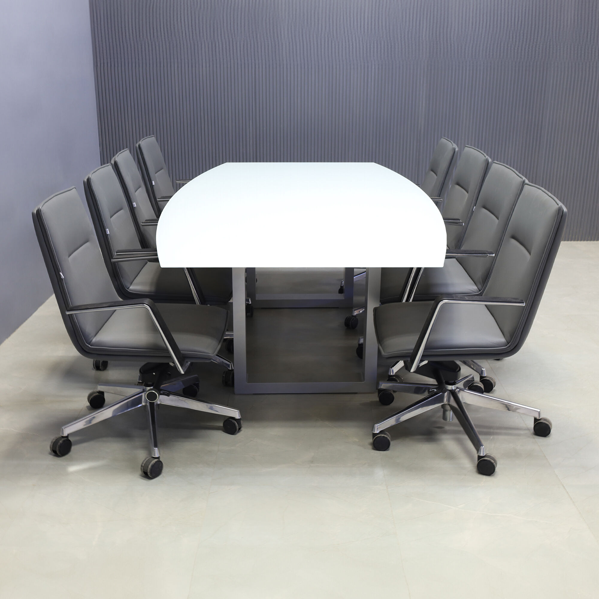 90-inch Omaha Boat Shape Conference Table in 1/2-inch white tempered glass top and silver metal u-legs powder coated.