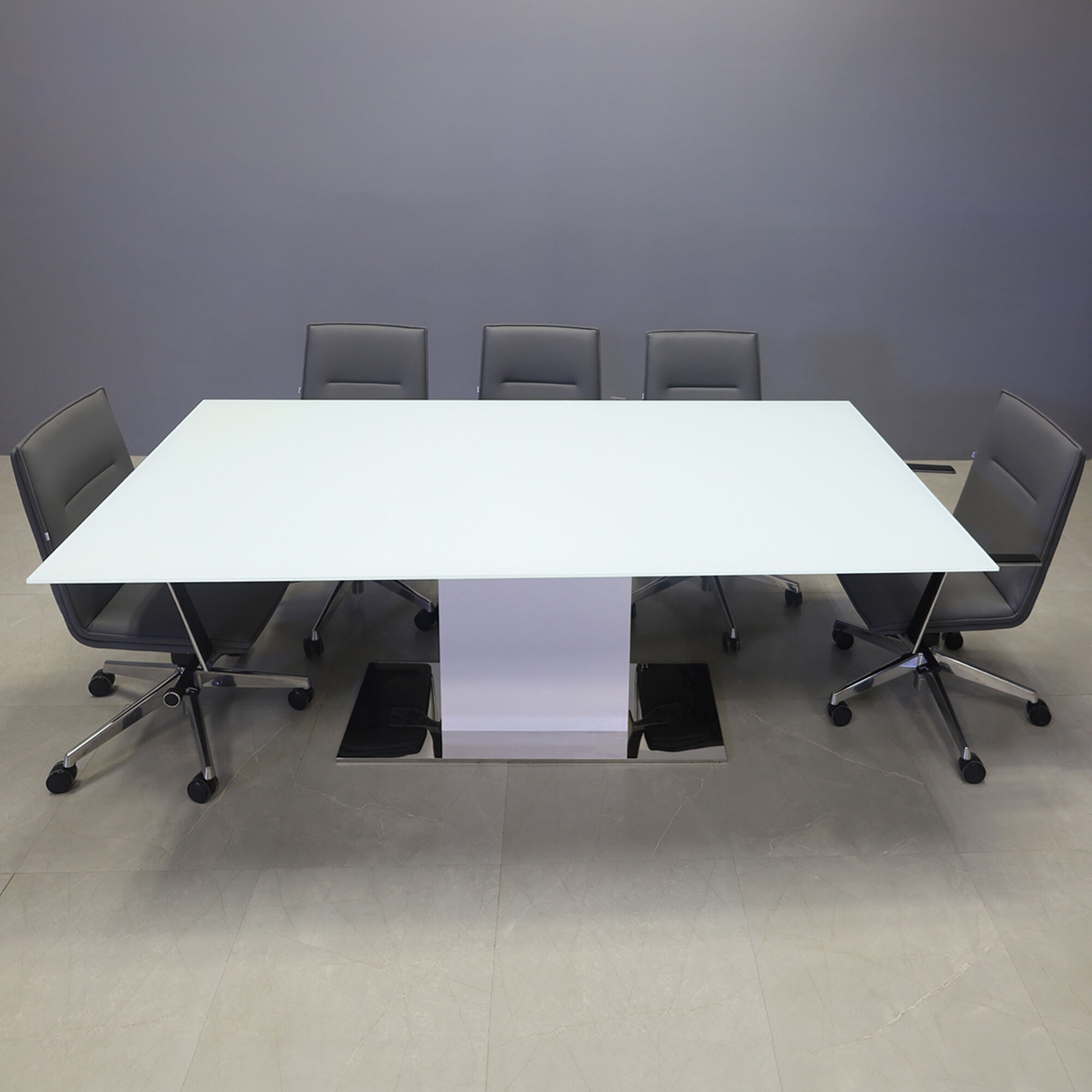 90-inch Omaha Rectangular Shape Conference Table, white gloss laminate pedestal with silver X3 base.