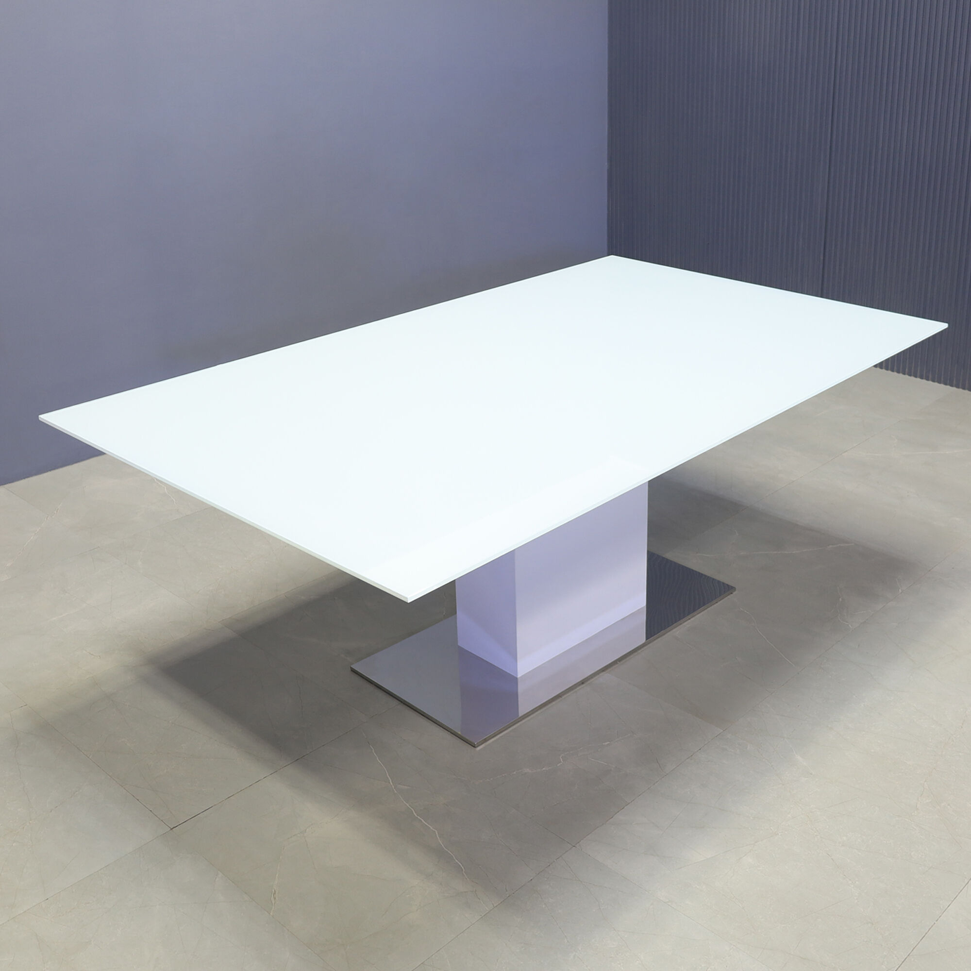 90-inch Omaha Rectangular Shape Conference Table, white gloss laminate pedestal with silver X3 base.