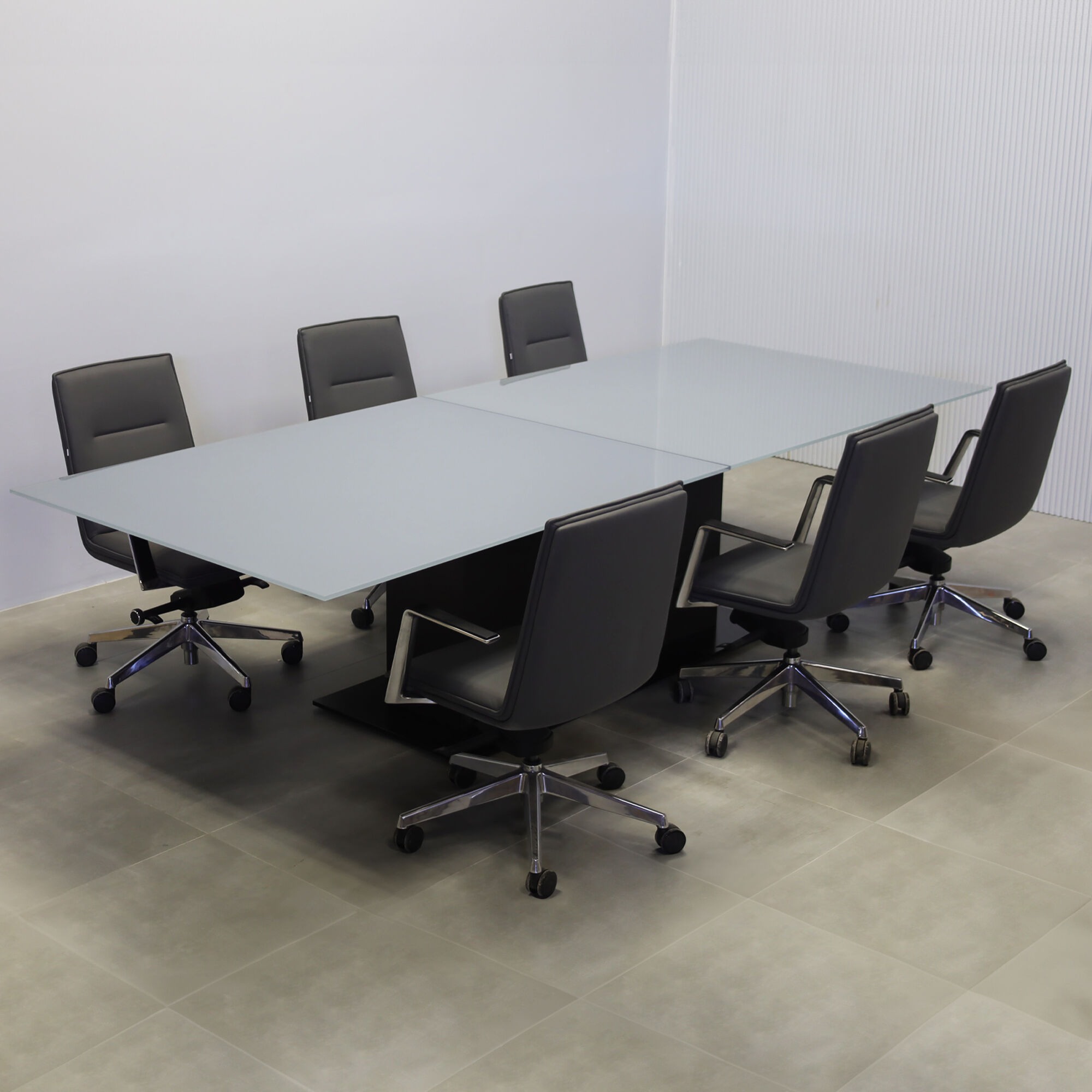 120-inches Omaha Rectangular Shape Conference Table with medium gray tempered glass top, ebony reccon matte laminate pedestal, black powder coated metal pedestal, black powder coated metal X3 base.