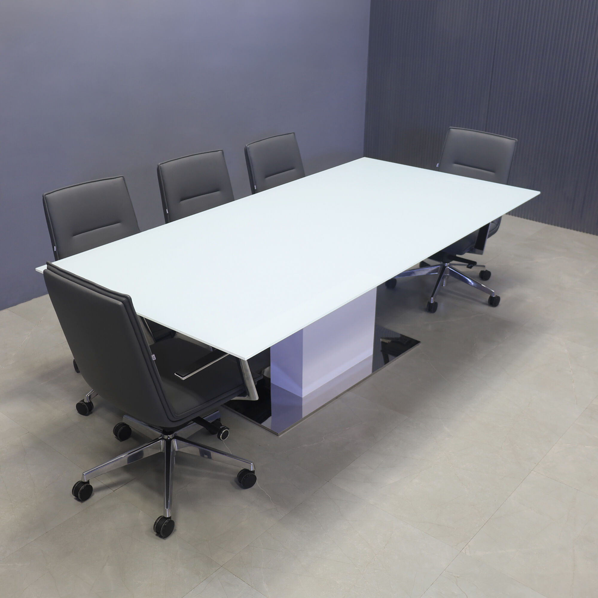90-inch Omaha Rectangular Shape Conference Table, white gloss laminate pedestal with silver X3 base.