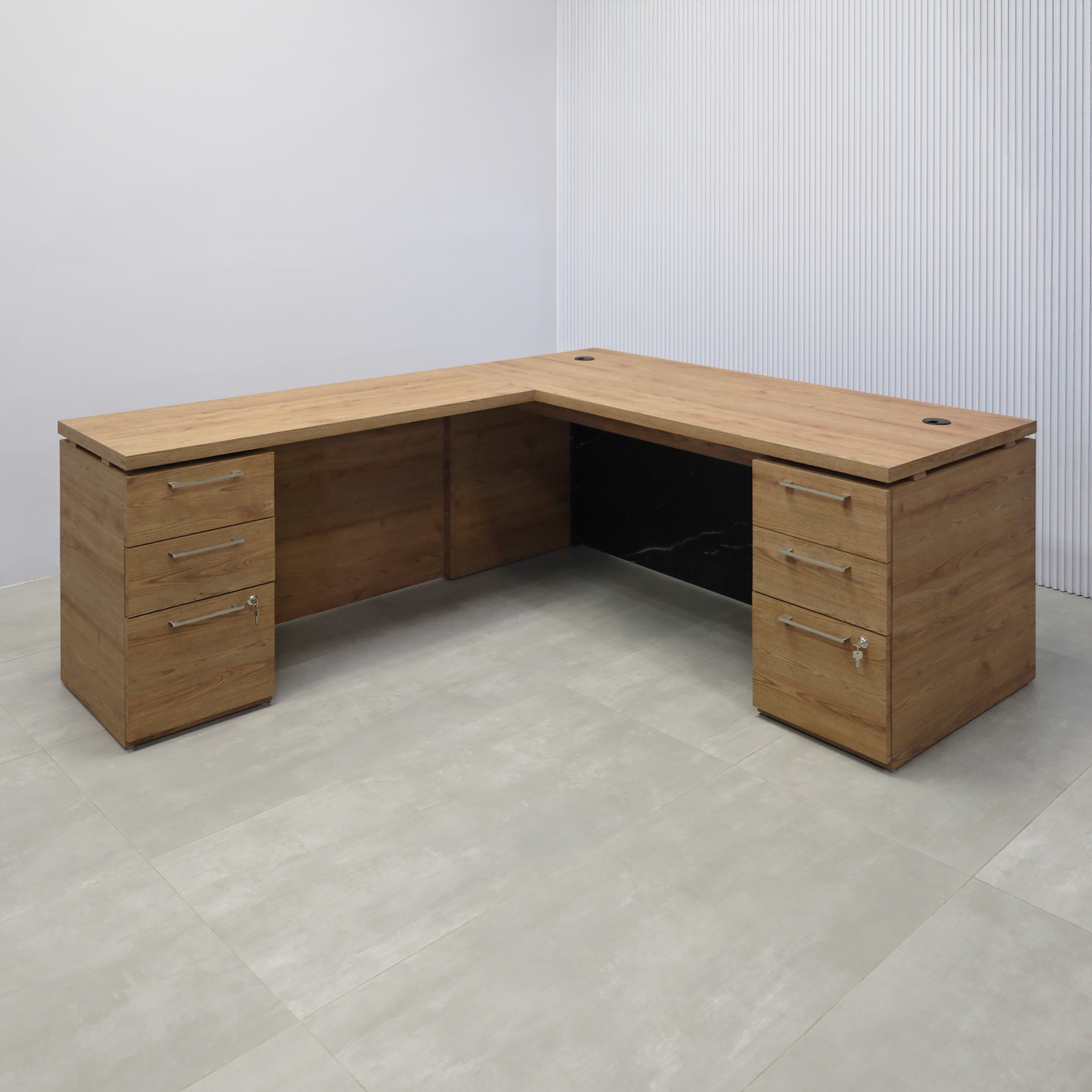 70X82-inch Denver L-Shape Executive Desk with Cabinet with Spiced Chestnut Matte laminate top, Spiced Chestnut Matte laminate base & storage, and Black Stone Palazzo laminate panel.