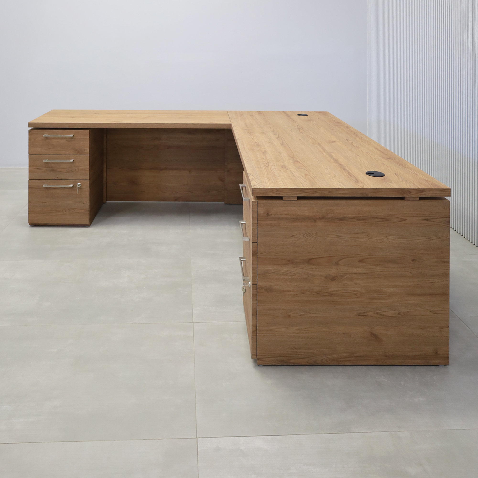 70X82-inch Denver L-Shape Executive Desk with Cabinet with Spiced Chestnut Matte laminate top, Spiced Chestnut Matte laminate base & storage, and Black Stone Palazzo laminate panel.