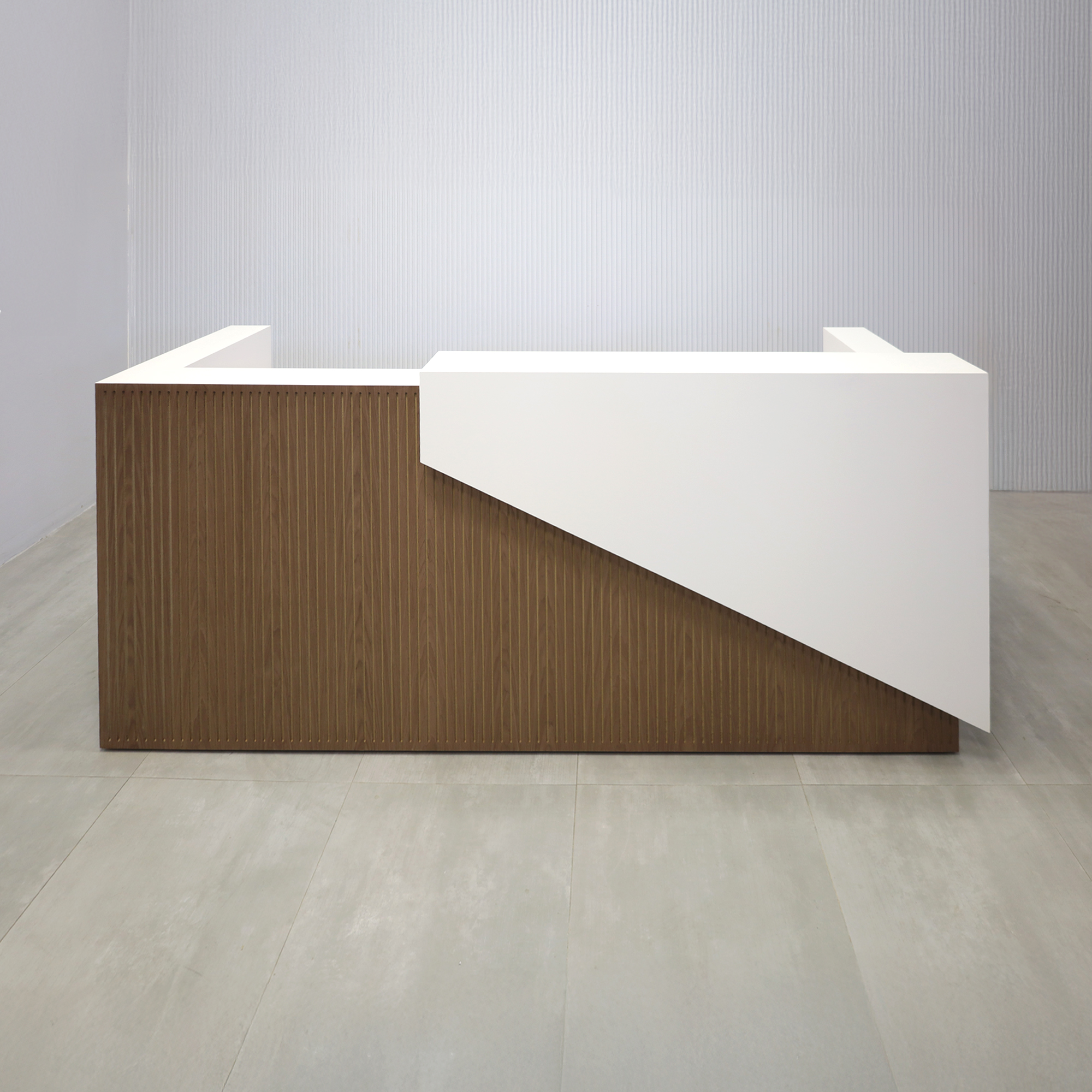 96-inch Miami Reception Desk with Dover Off-White matte laminate counter, Dover Off-White matte laminate workspace, American Walnut & Natural background grooved panel, and Warm White LED.