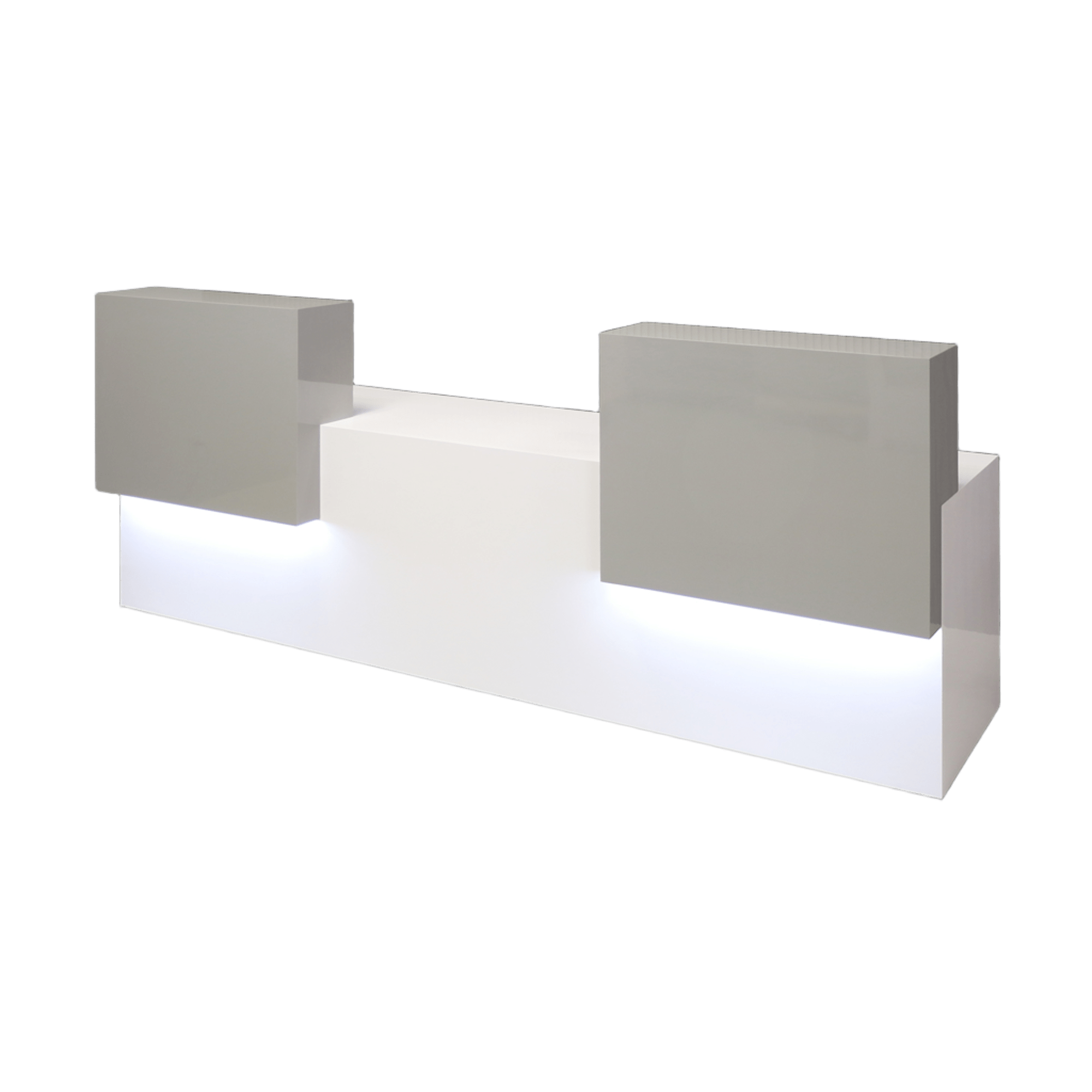 96-inch Los Angeles Double Counter Custom Reception Desk in light gray gloss laminate counters, white gloss laminate desks, and warm white LED.