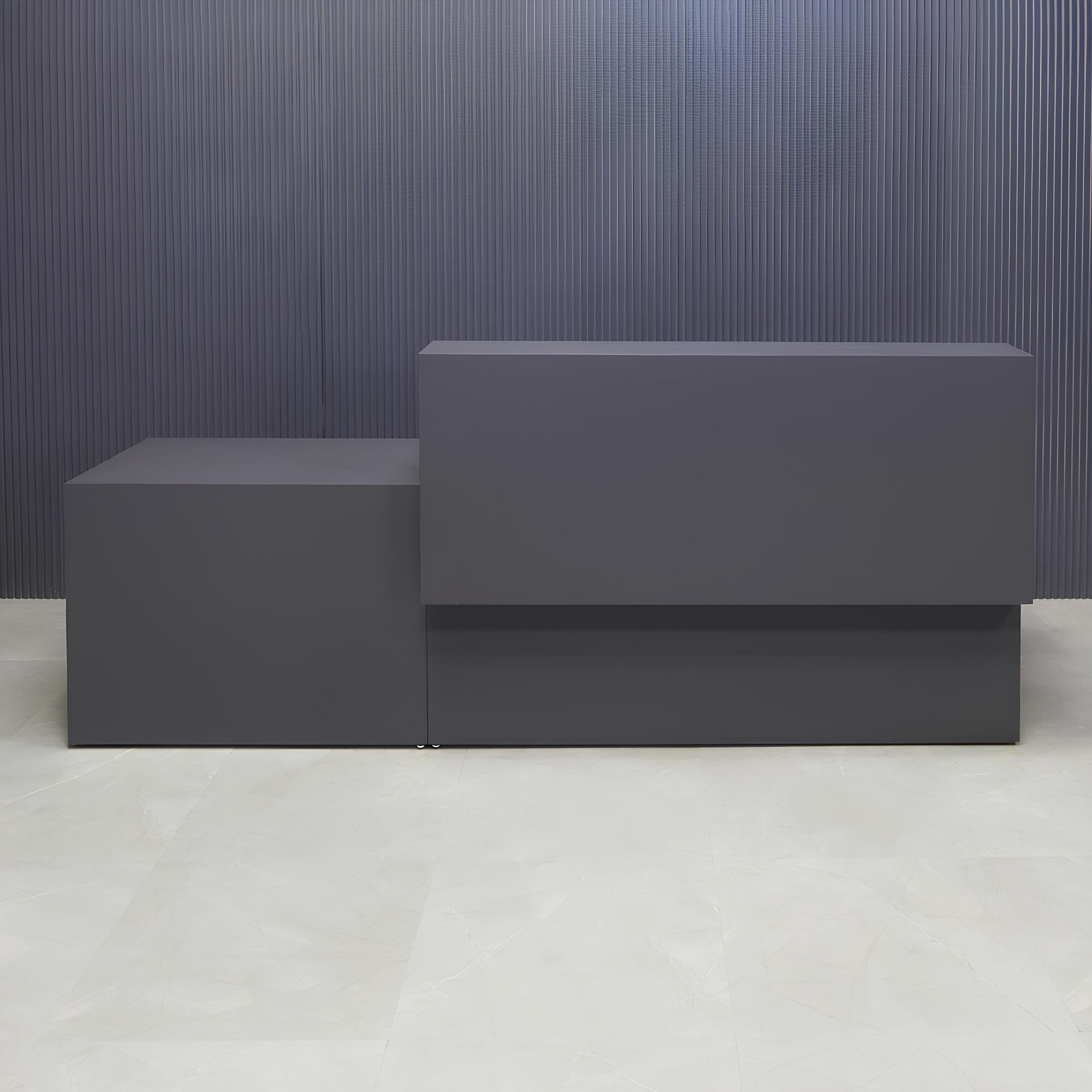 96-inch Los Angeles Long and ADA Compliant Custom Reception Desk with the counter on the right side when facing front and desk in storm gray matte laminate.
