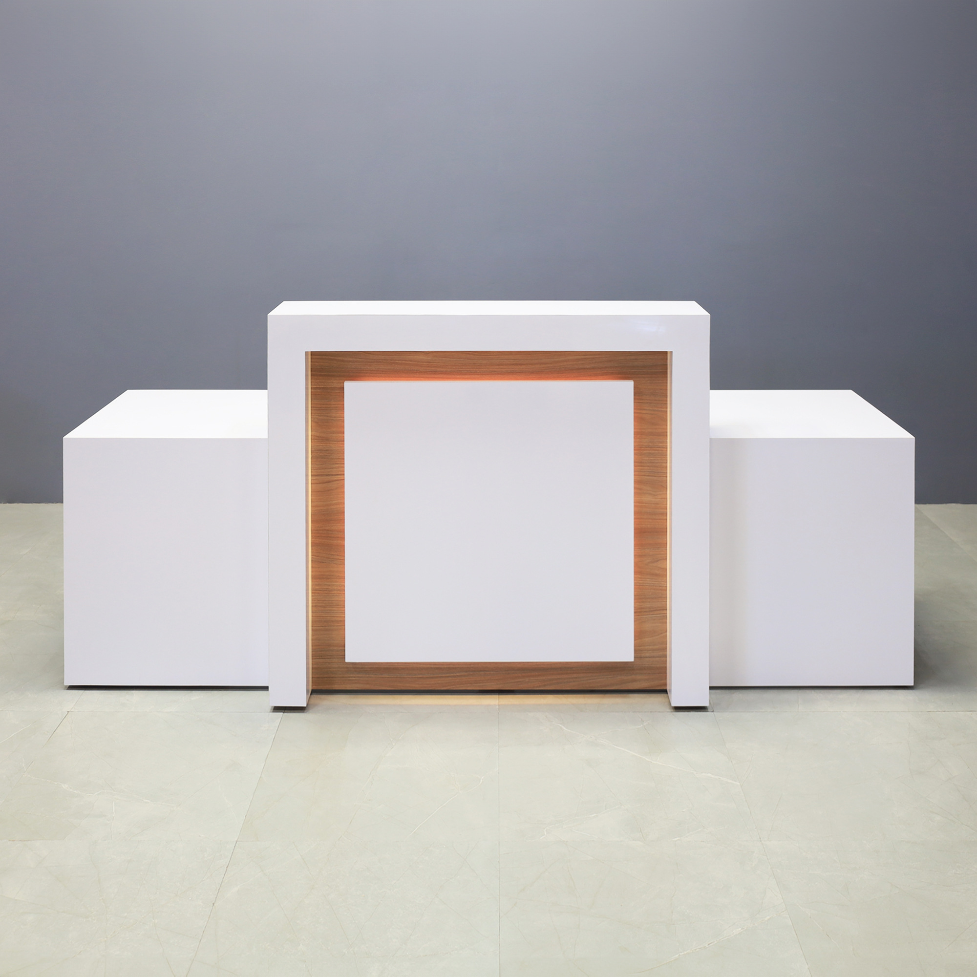 96-inch New York Extra Wide in white gloss laminate main desk & front panel, uptown walnut (discontinued) matte laminate accent recessed, and color changing LED.