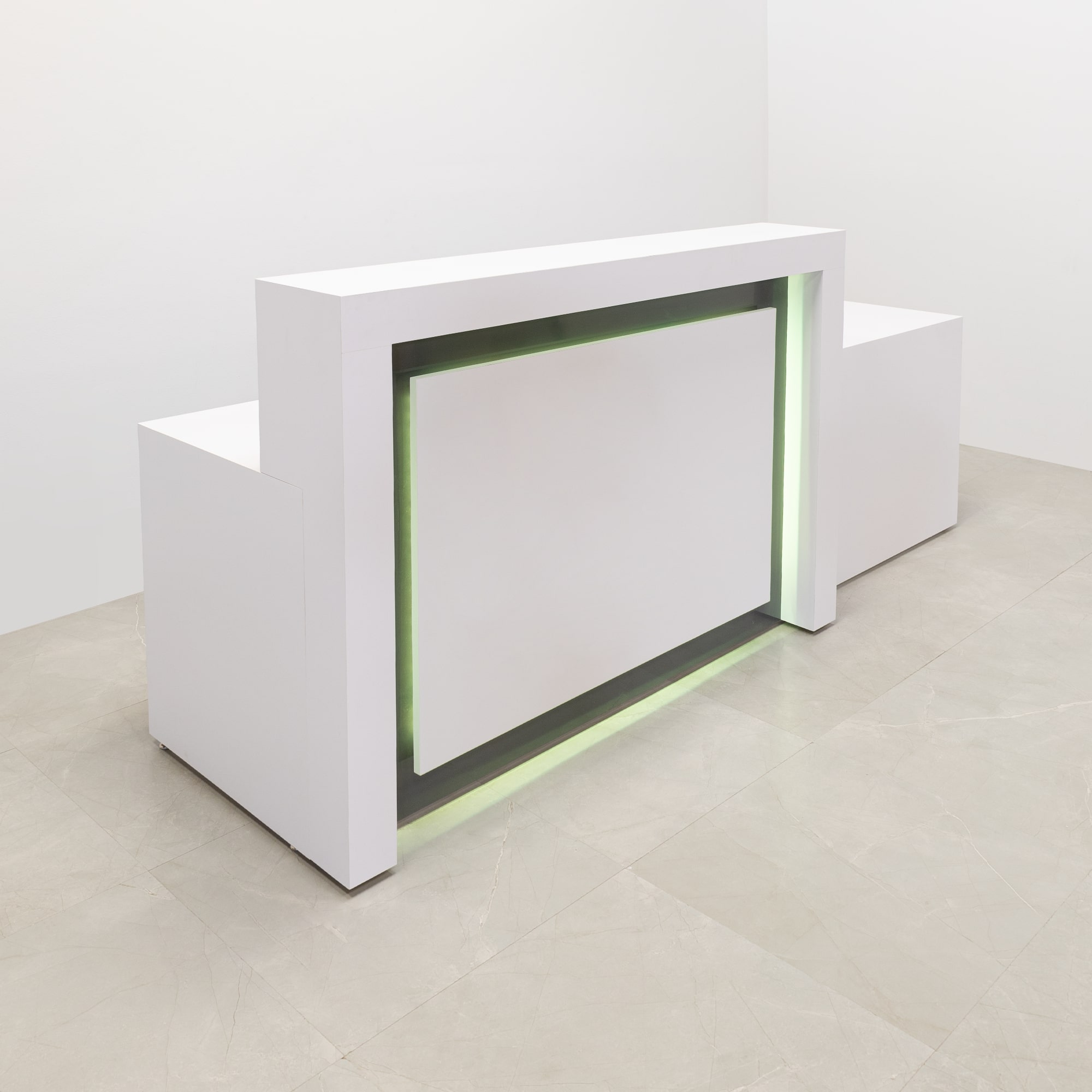 96-inch New York ADA Compliant Custom Reception Desk with the counter top side on the left side when facing front in white matte laminate main desk & front panel, storm gray gloss laminate accent recessed, and color changing LED.