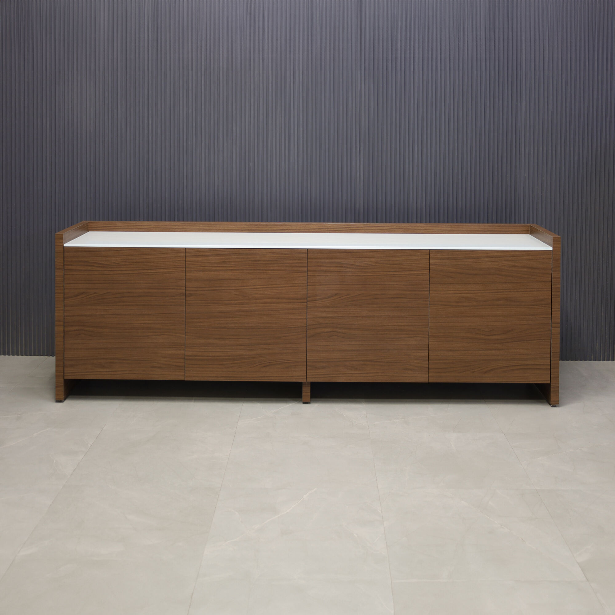 96-inch Aspen Storage Credenza in 1/2-inch white tempered glass top, and walnut heights matte laminate credenza & doors.