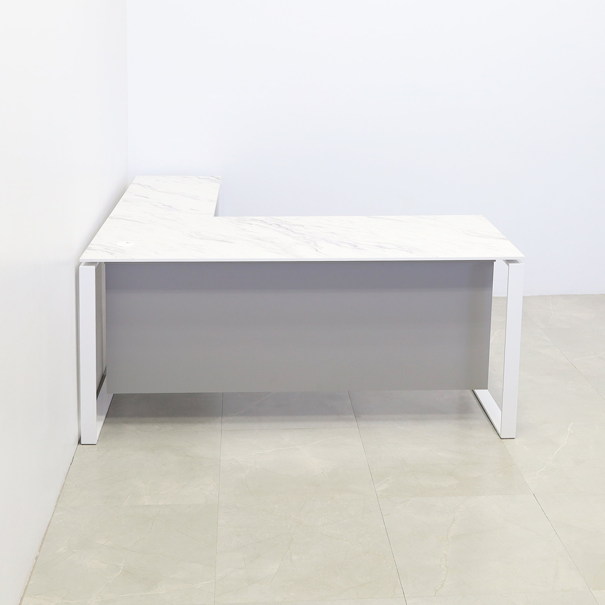 Aspen L-Shape Executive Desk With Engineered Stone Top in calcutta blanc top, folkstone gray privacy panel and white metal legs shown here.