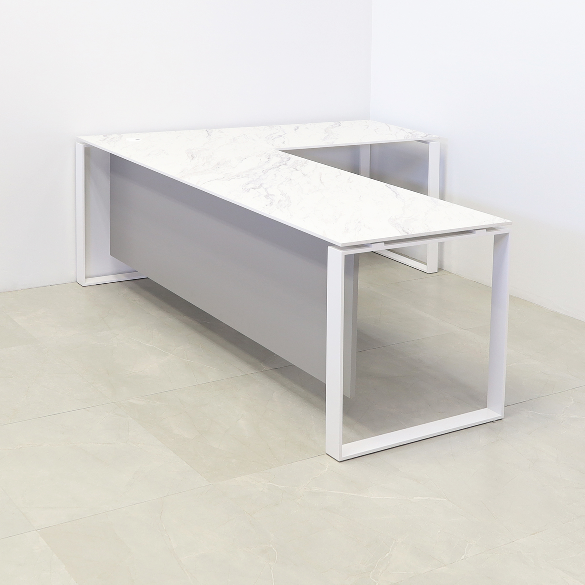 Aspen L-Shape Executive Desk With Engineered Stone Top in calcutta blanc top, folkstone gray privacy panel and white metal legs shown here.