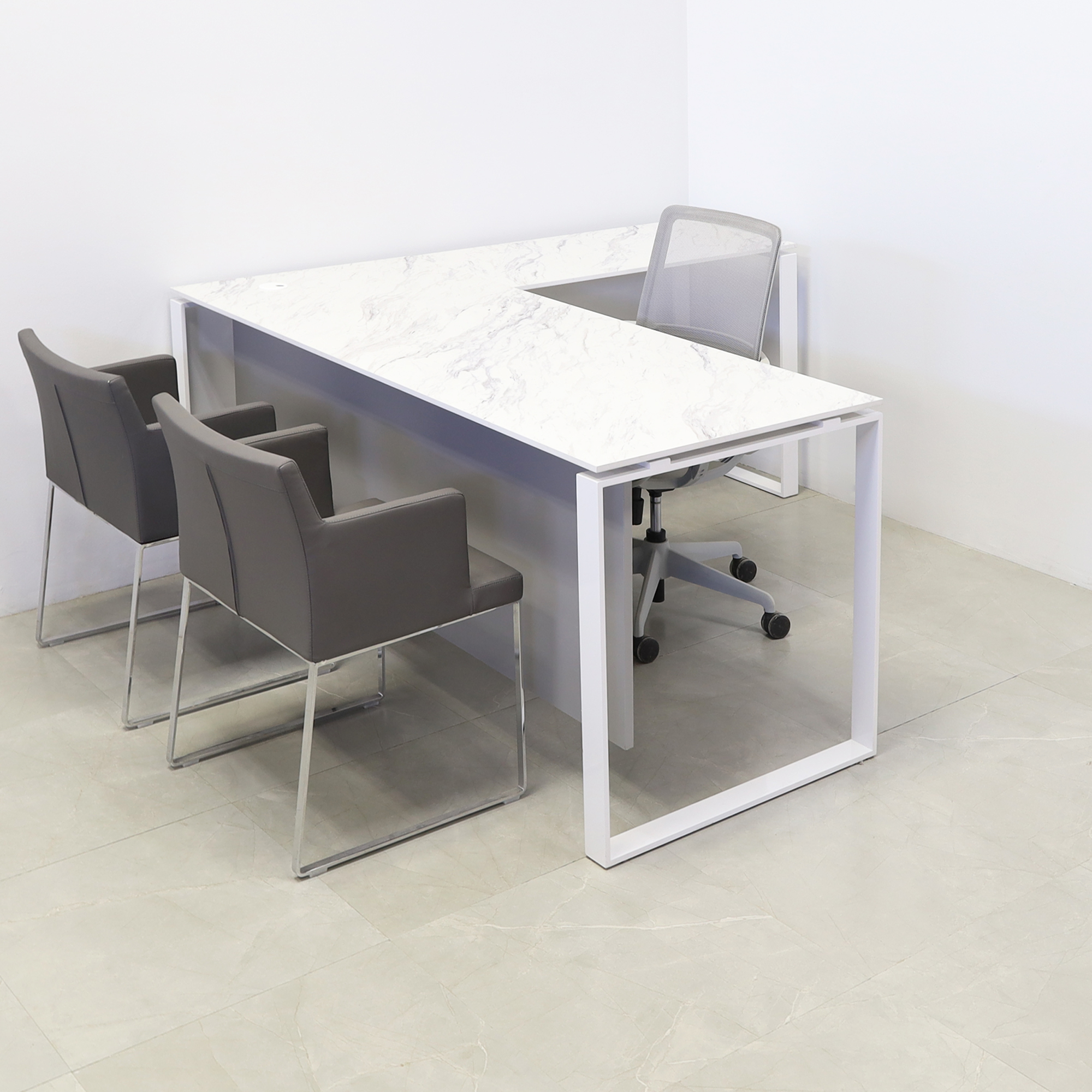 Aspen L-Shape Executive Desk With Engineered Stone Top in calcutta blanc top, folkstone gray privacy panel and white metal legs shown here.