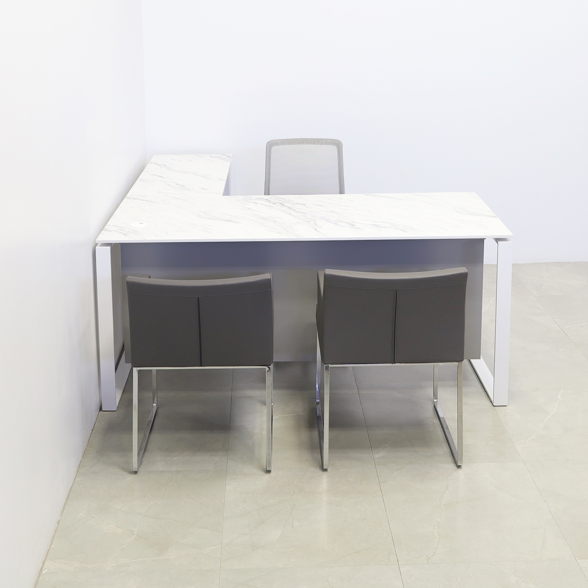 Aspen L-Shape Executive Desk With Engineered Stone Top in calcutta blanc top, folkstone gray privacy panel and white metal legs shown here.