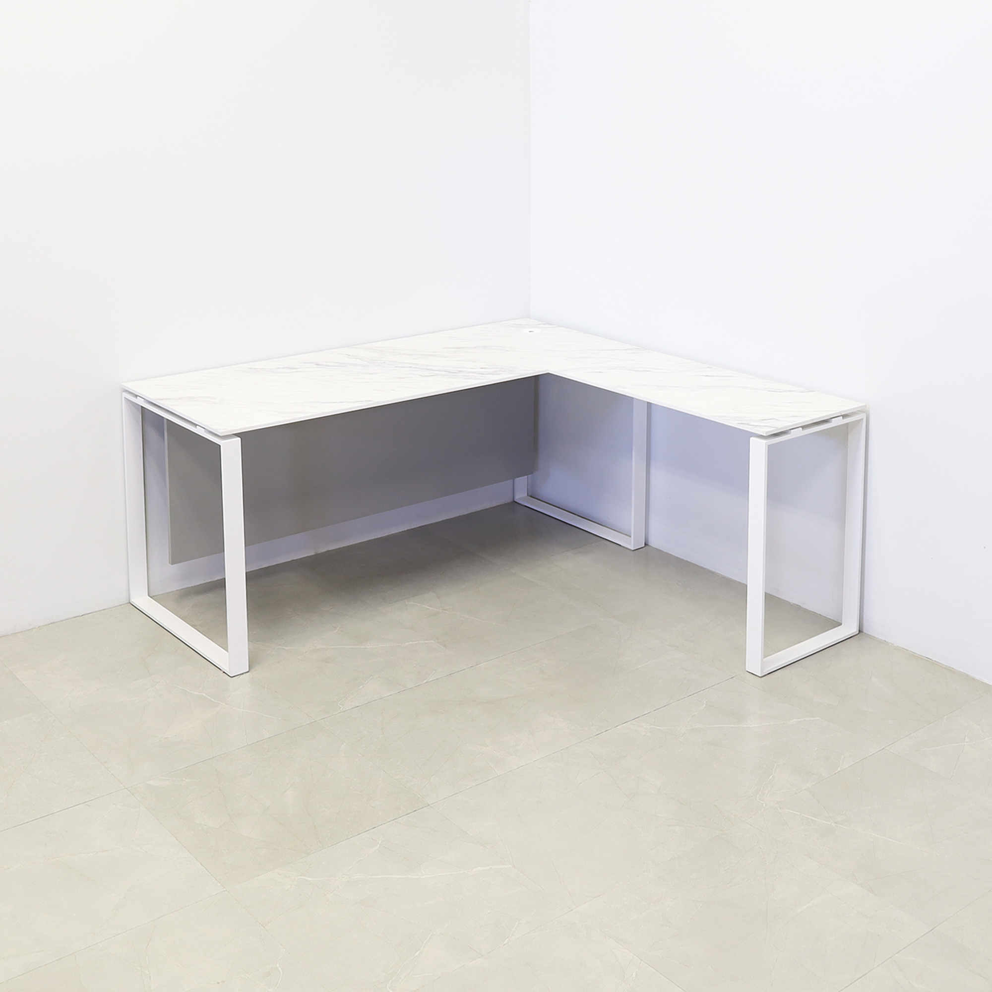 Aspen L-Shape Executive Desk With Engineered Stone Top in calcutta blanc top, folkstone gray privacy panel and white metal legs shown here.