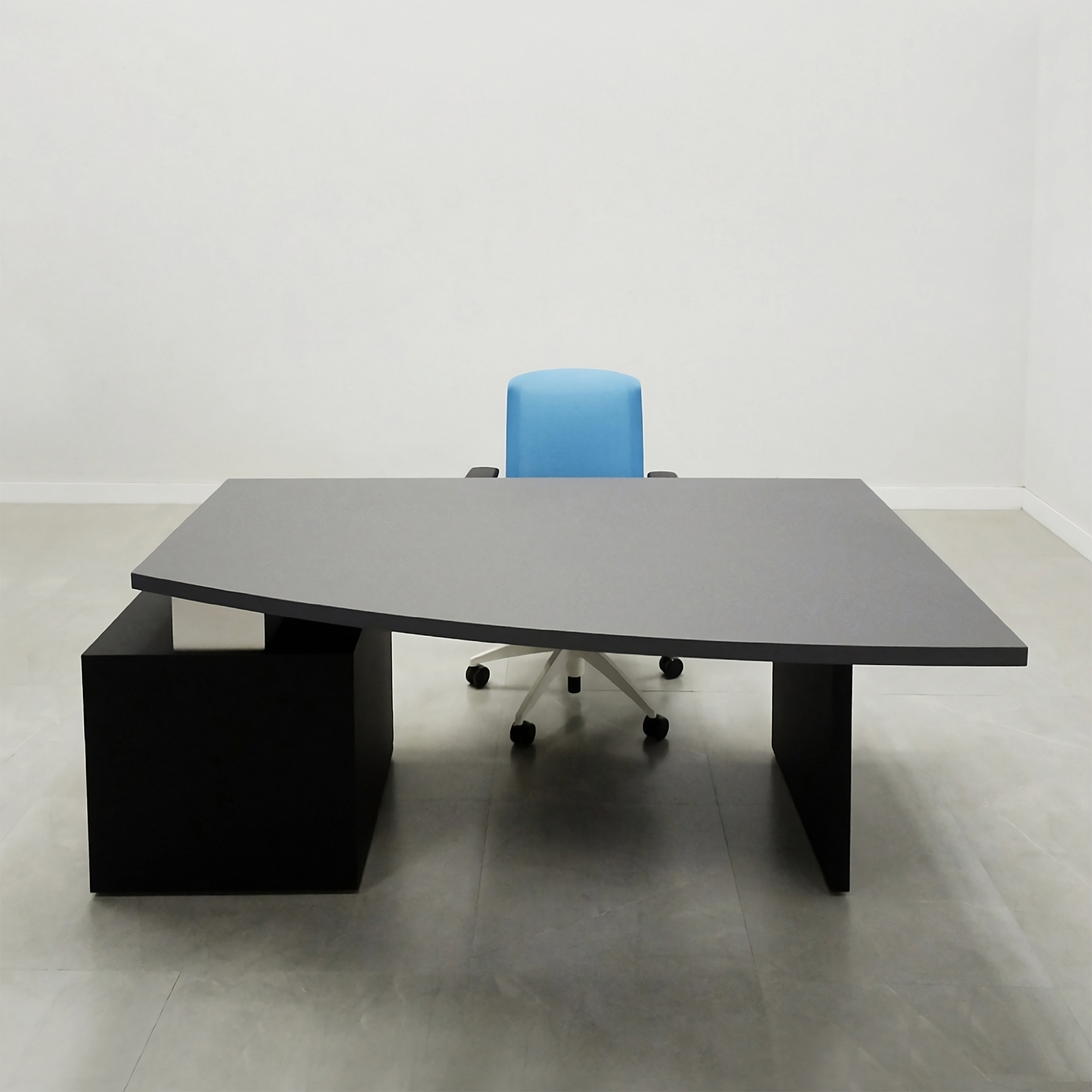 Avenue Curved Executive Desk With Laminate Top in black matte laminate top, base and storage shown here.