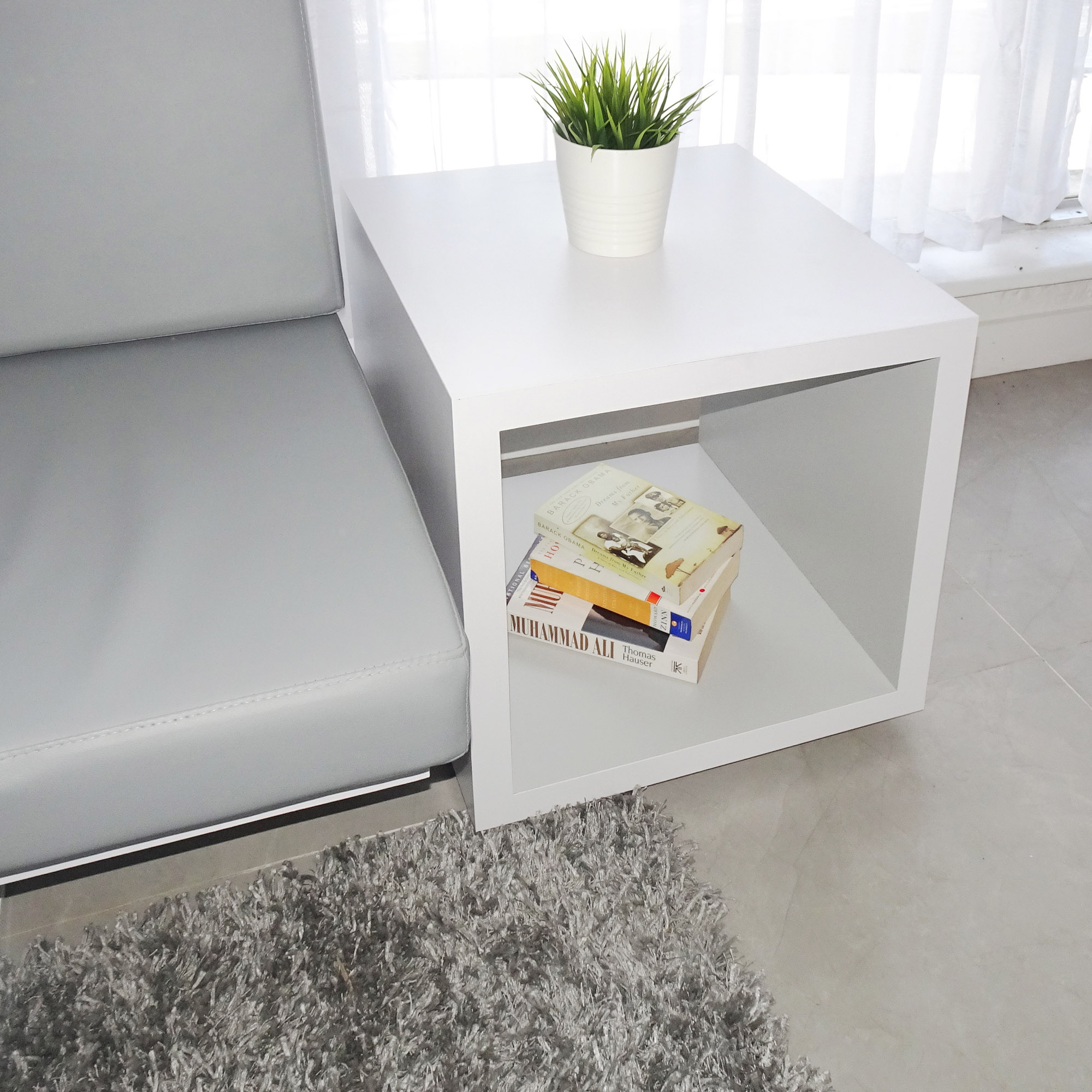 Albany Square Side Table in white matte laminate shown here.