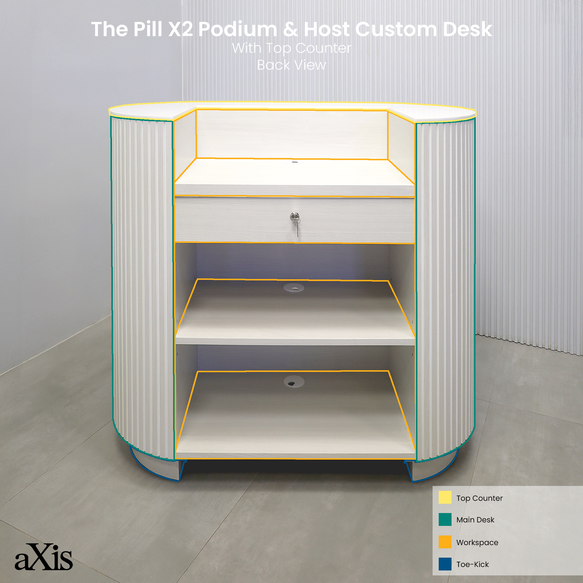 48-inch The Pill X2 Podium & Host Custom Desk White Ash Tambour front, White Solid engineered surface top, White Ash matte laminate workspace and toe-kick.
(Explanatory - Back)
