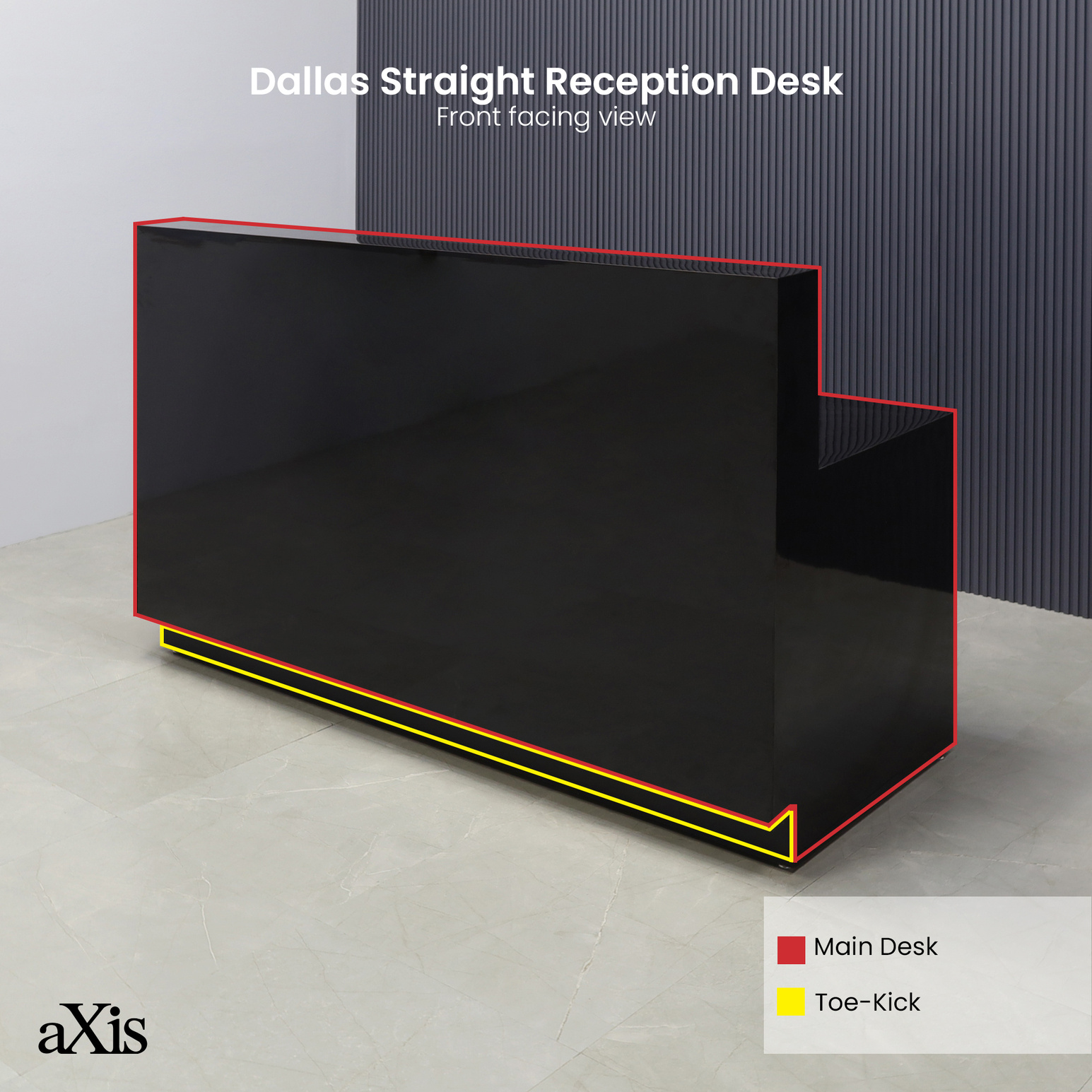72-inch Dallas Straight Custom Reception Desk in black gloss laminate main desk & toe-kick.