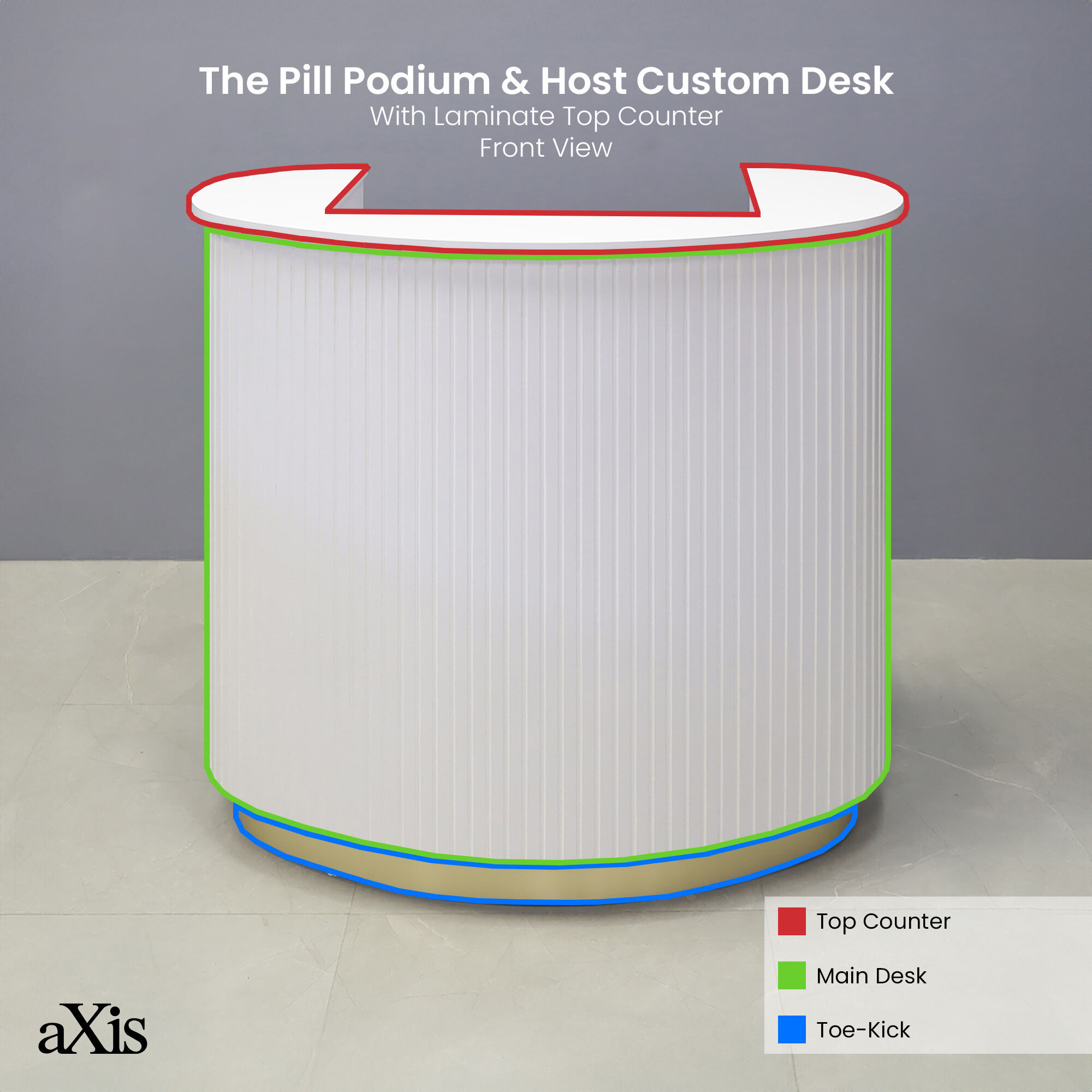 42-inch The Pill Podium & Host Custom Desk in white matte laminate top counter & workspace, white matte tambour main desk, and gold aluminum toe-kick.