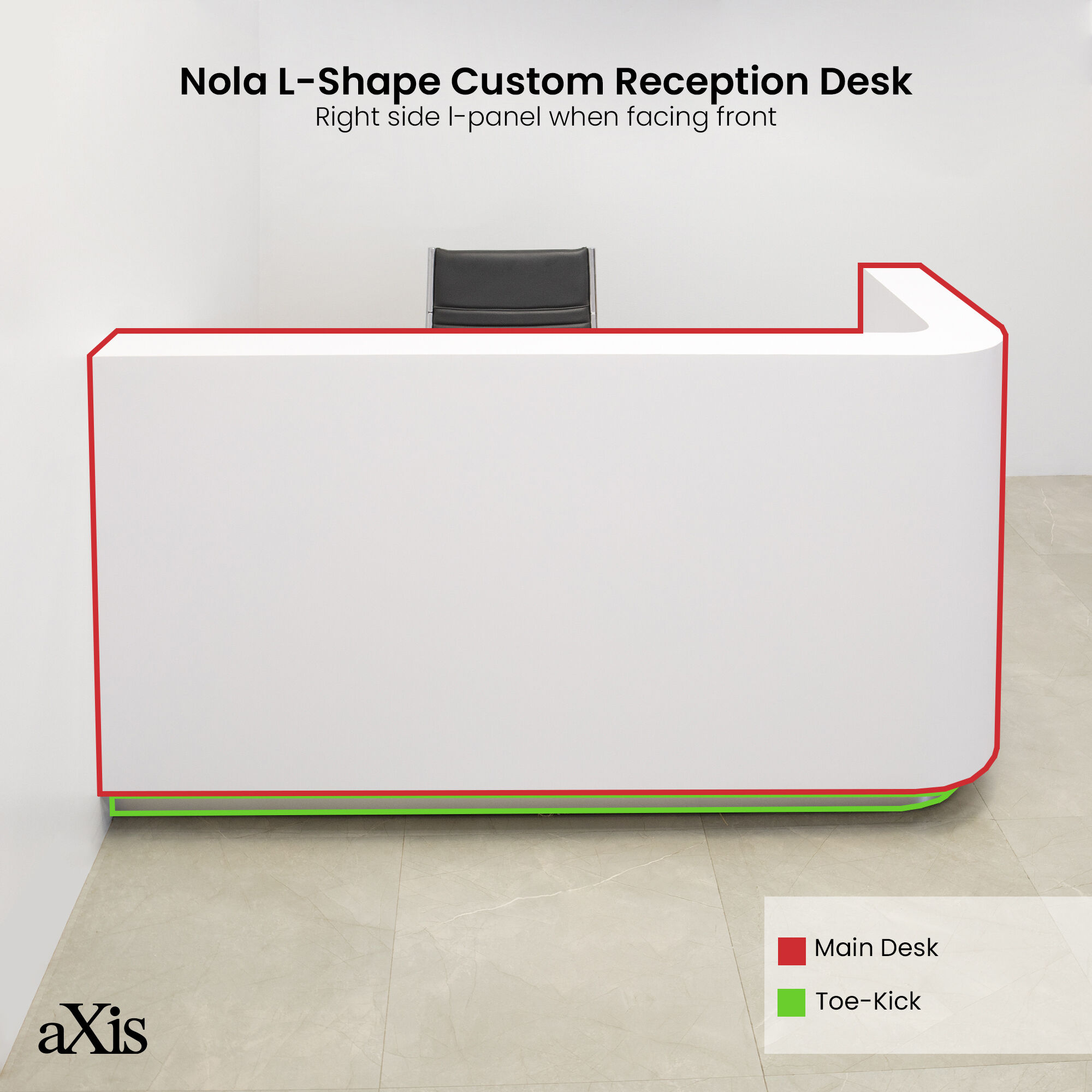 72-inch Nola L-Shape Custom Reception Desk with the l-panel on the right side. The main desk is covered in white matte laminate, and the toe-kick in brushed aluminum.