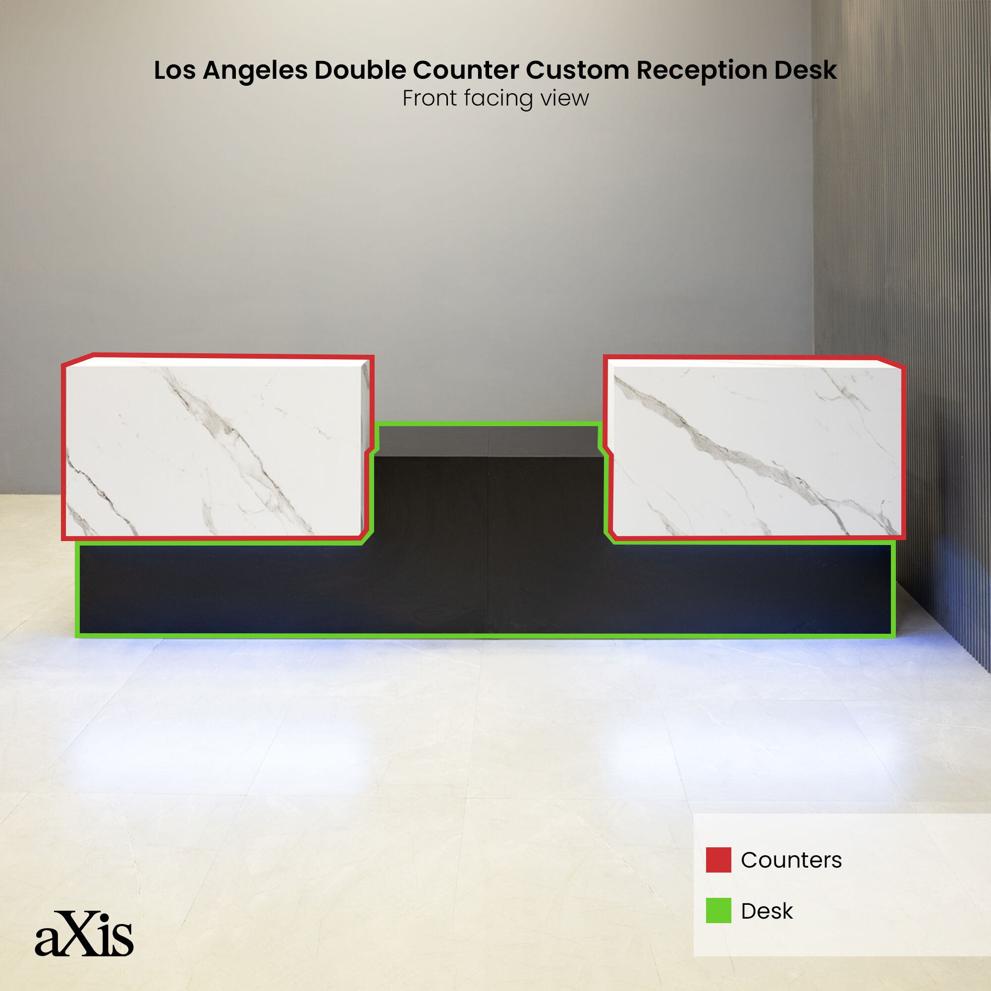 120-inch Los Angeles Double Counter Custom Reception Desk in calcutta stone PVC counters, black matte laminate desks, and color changing LED.