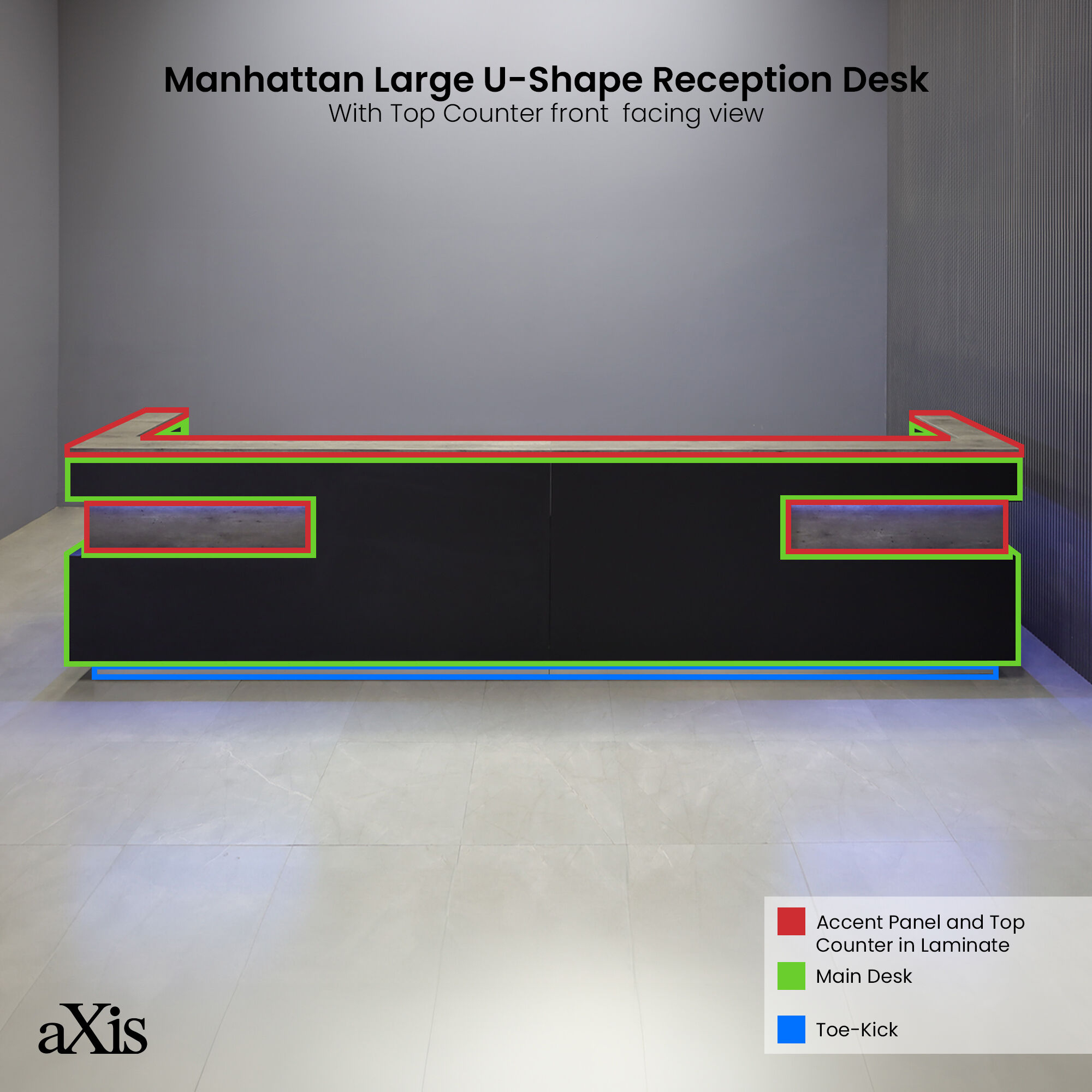 180-inch Manhattan Large U-Shape Custom Reception Desk in metropolitan concrete PVC counter top & accent panel, black traceless laminate main desk, brushed aluminum toe-kick, and color changing LED.