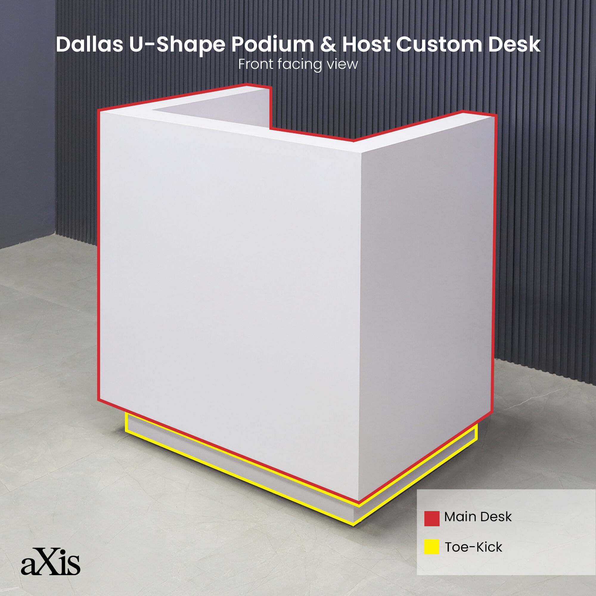 36-inch Dallas U-Shape Podium & Host in white matte laminate main desk and toe-kick.