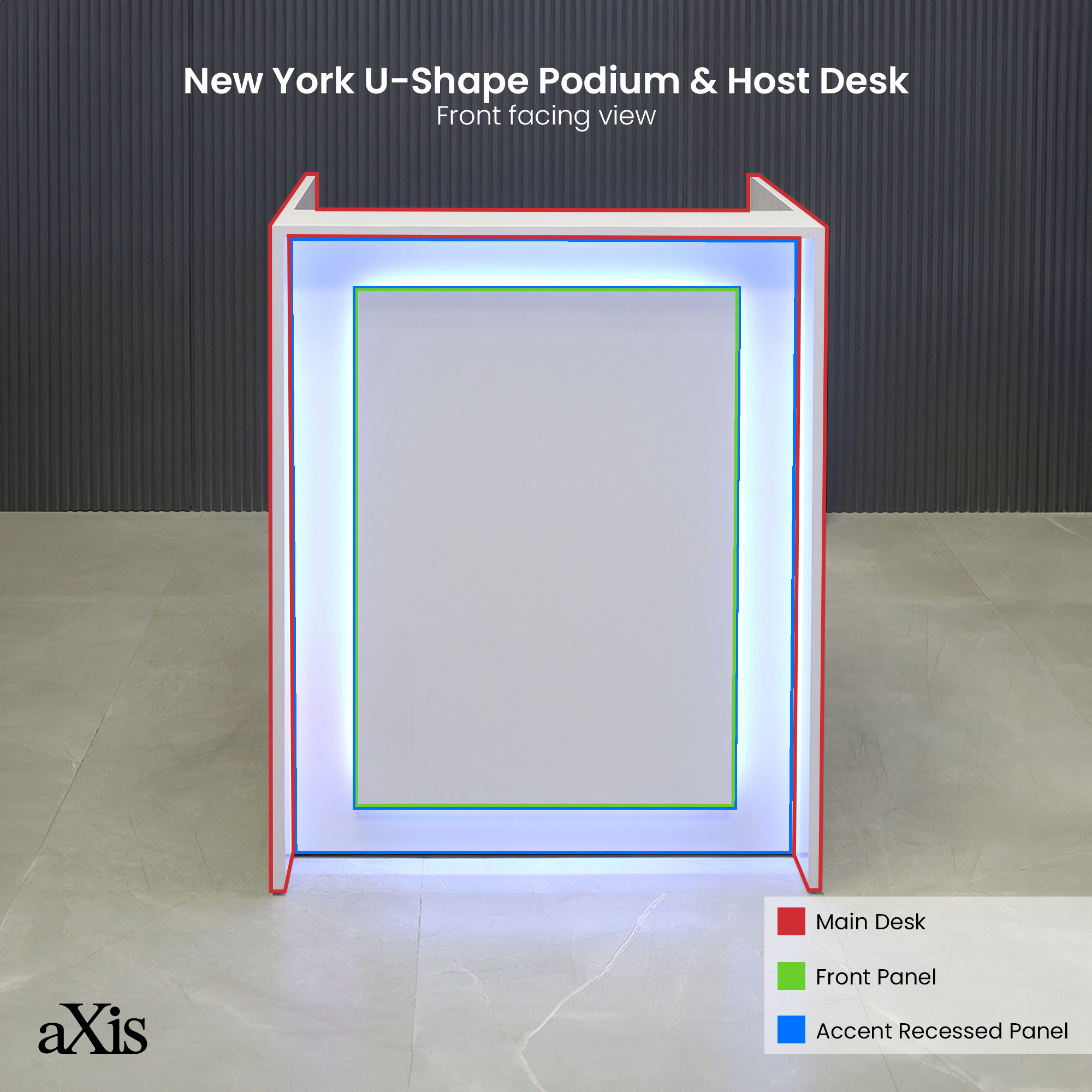 32-inch New York U-Shape Podium & Host Custom Desk in white gloss laminate main desk, front panel & accent recessed, and color changing LED.