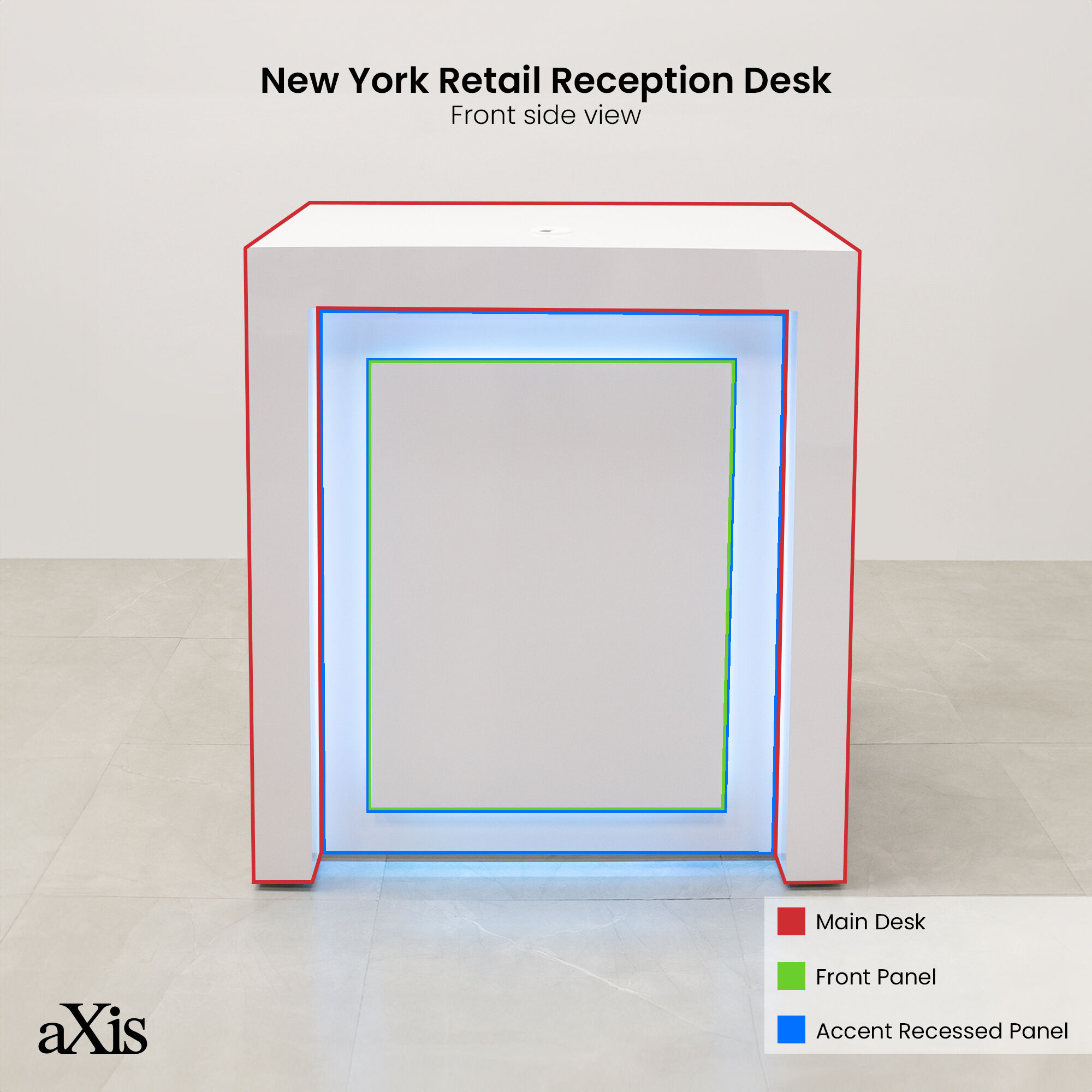 40-inch New York Retail Custom Reception Desk in white gloss laminate desk, and color changing LED.