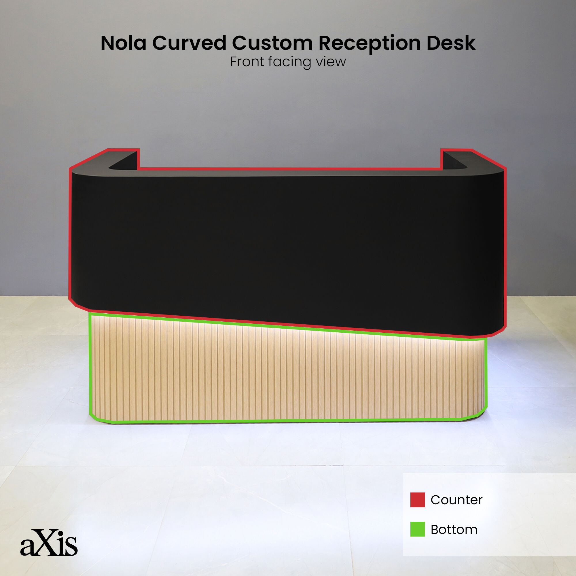 72-inch Nola Curved Custom Reception Desk in black traceless laminate counter, maple tambour bottom, and warm white LED.