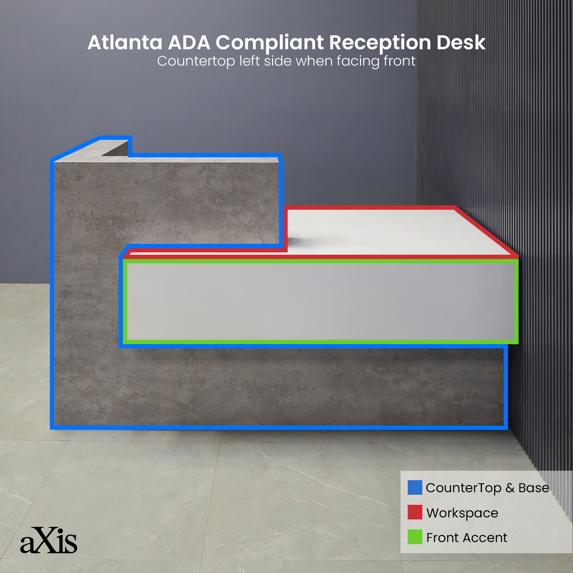 72-inch Atlanta Custom Reception Desk with the countertop & base on the left side when facing front covered in industrial concrete laminate, while the workspace and front panel are covered in white matte laminate.