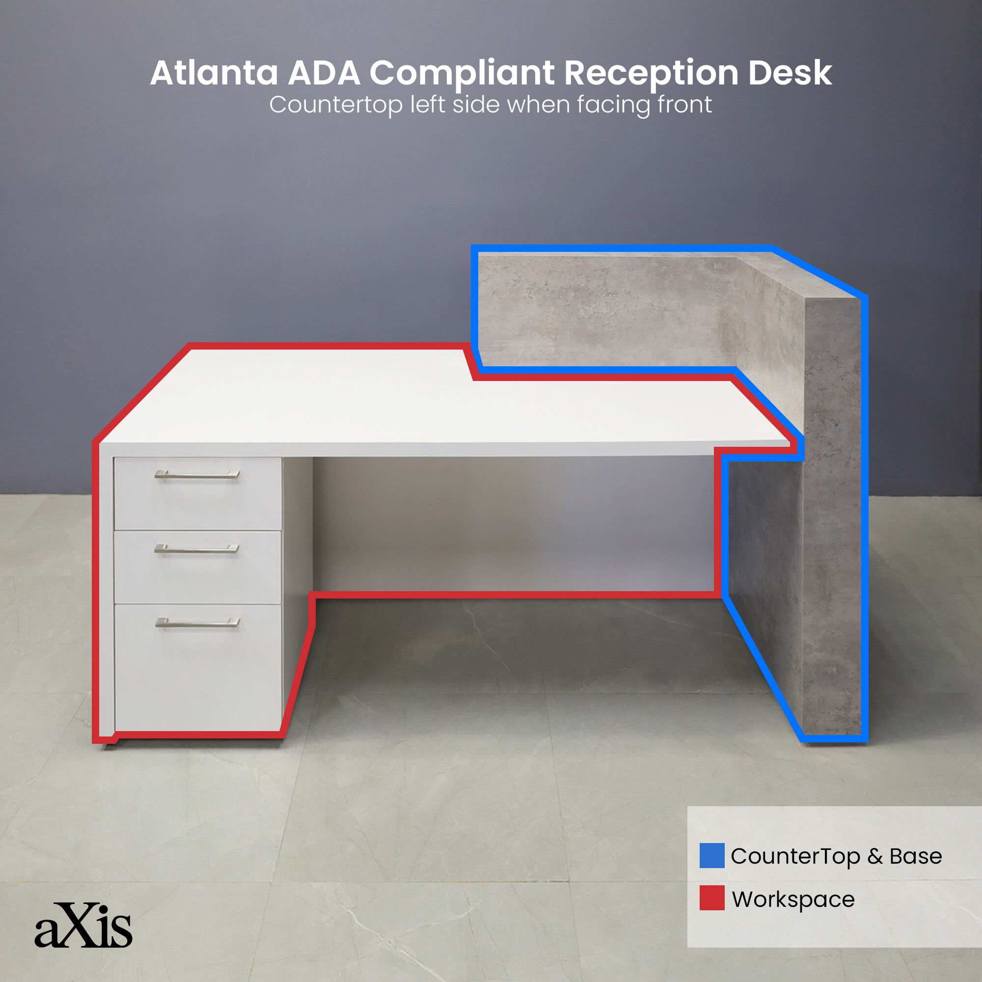 72-inch Atlanta Custom Reception Desk with the countertop & base on the left side when facing front covered in industrial concrete laminate, while the workspace and front panel are covered in white matte laminate.