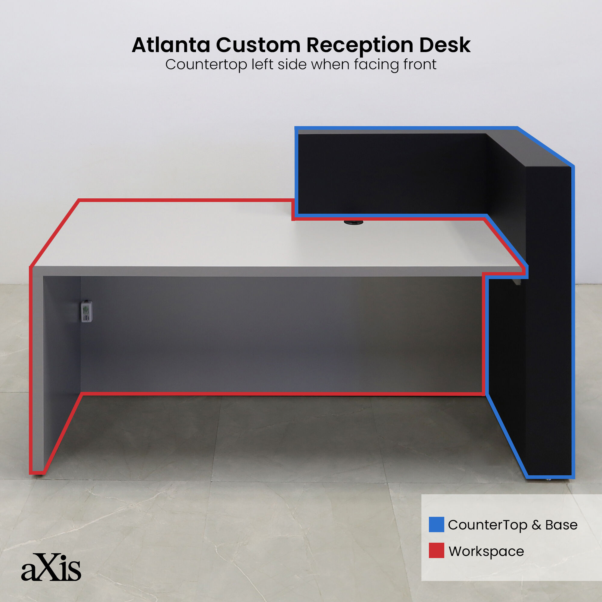 72-inch Atlanta Custom Reception Desk with the countertop & base on the left side when facing front covered in black traceless laminate, while the workspace and front panel are covered in fog gray matte laminate, and color changing LED.