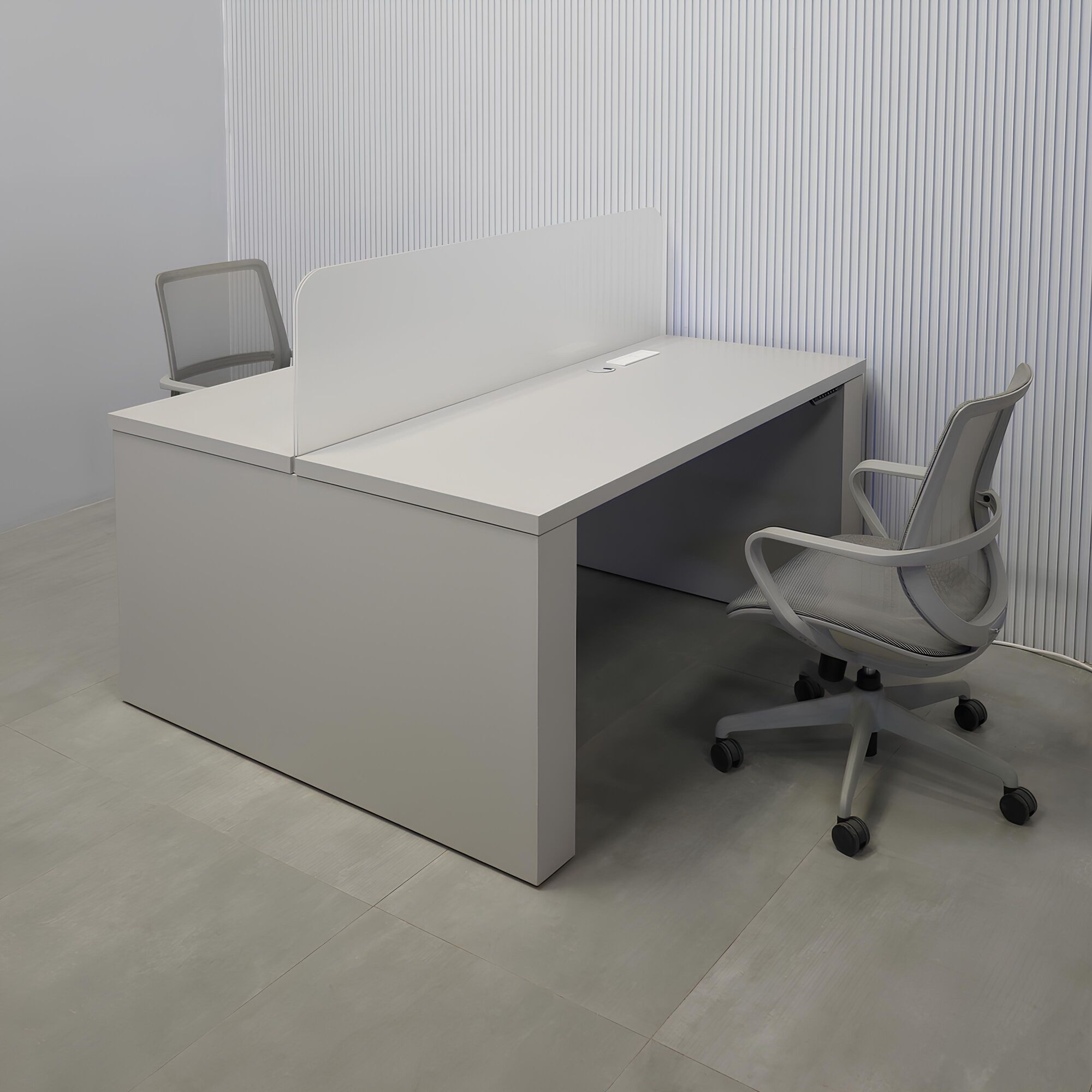 57 1/2- Inch Nashville Sit-Stand Custom Workstation with Folkstone Matte laminate top, Folkstone Matte laminate base, and Frosted Acrylic partition.