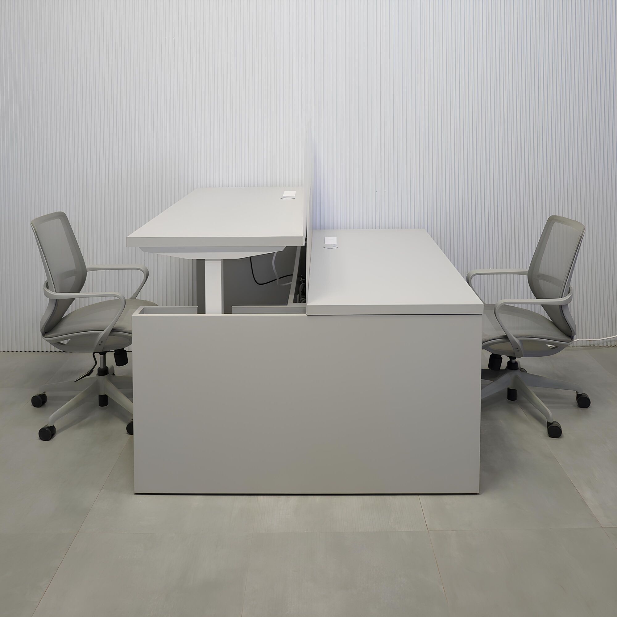 57 1/2- Inch Nashville Sit-Stand Custom Workstation with Folkstone Matte laminate top, Folkstone Matte laminate base, and Frosted Acrylic partition.