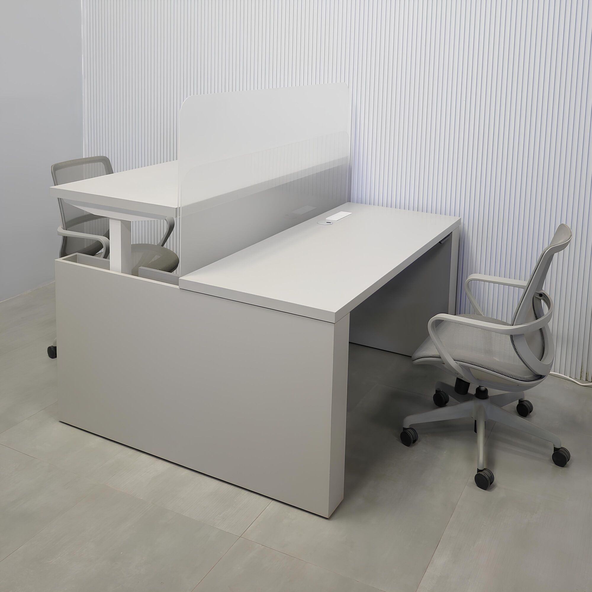 57 1/2- Inch Nashville Sit-Stand Custom Workstation with Folkstone Matte laminate top, Folkstone Matte laminate base, and Frosted Acrylic partition.