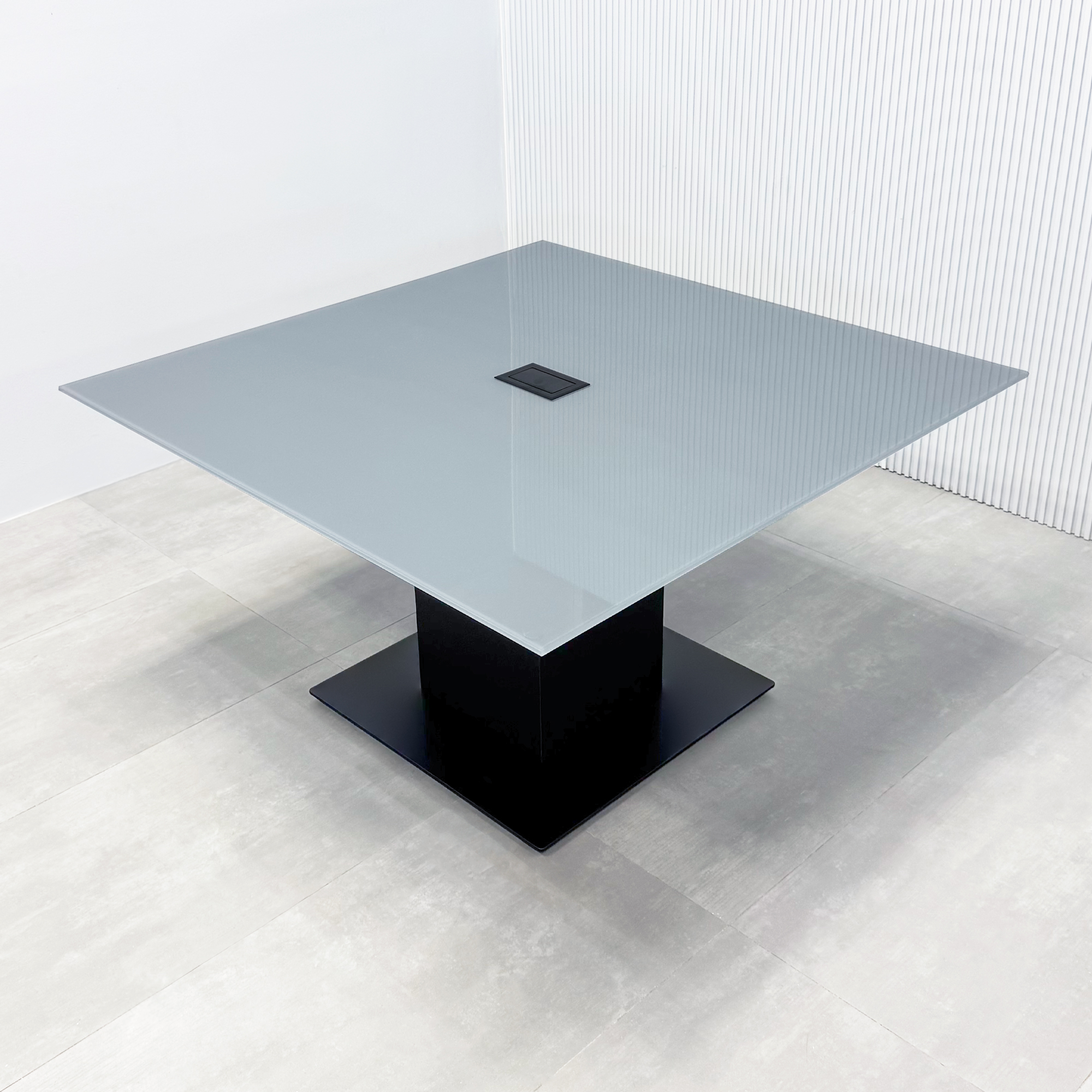 54-inch Omaha Square Conference Table and X3 Base with Medium Gray tempered glass top, Black Traceless laminate pedestal, Black powder coated base, and Mx2 in Black power box.