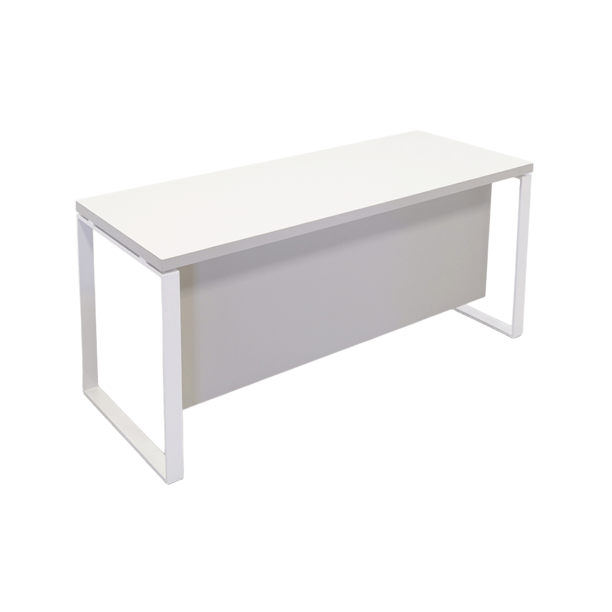 60-inch Aspen Straight Executive Desk with Laminate Top and privacy panel in folkstone gray matte laminate, and white metal legs.